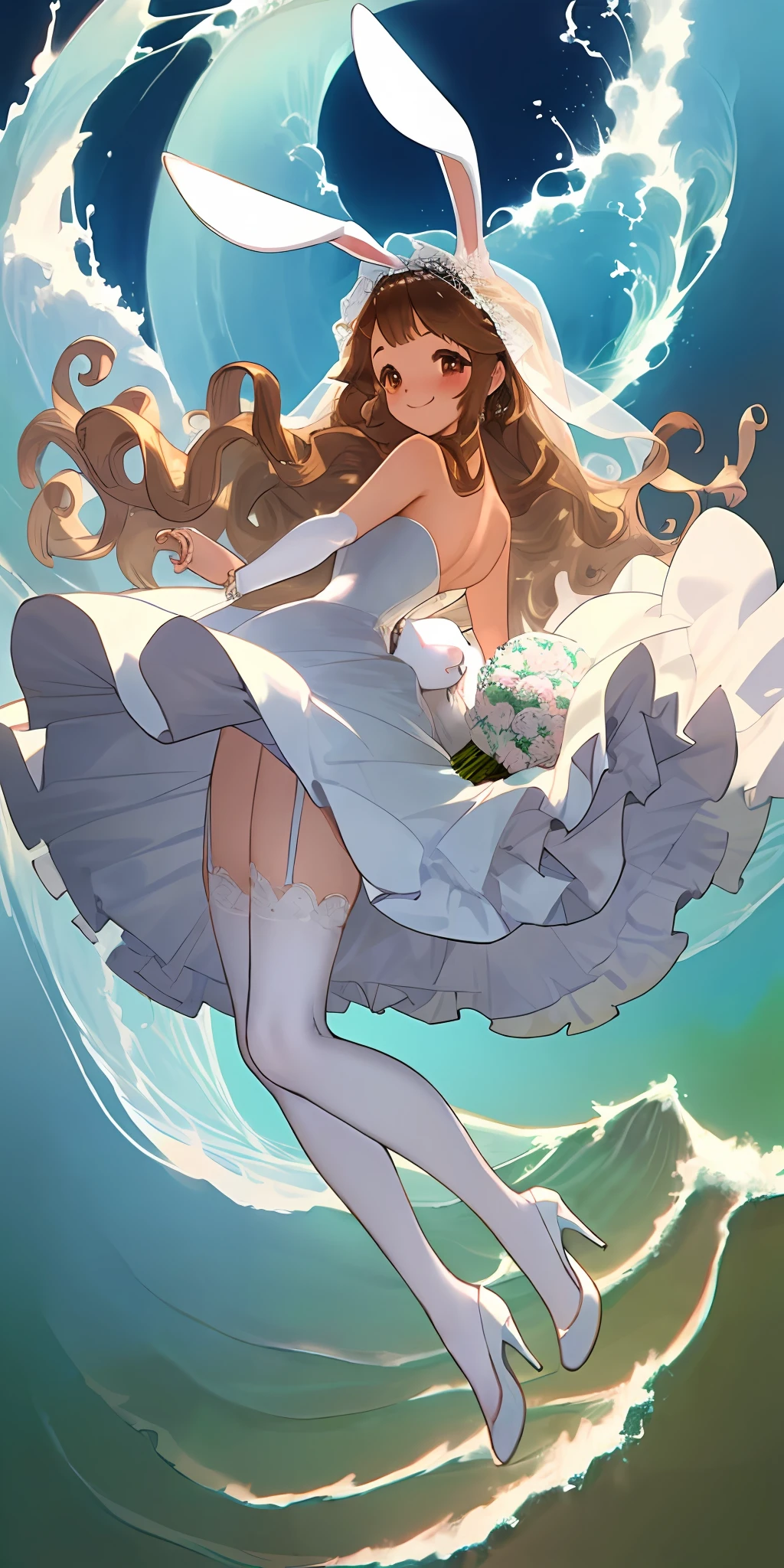 Beautiful girl, rabbit, wedding dress, white stockings, waves, smile