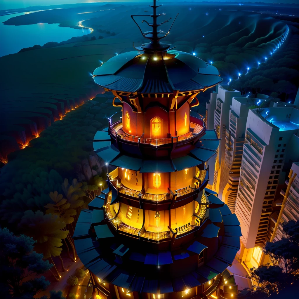 top view anthill tower fire fireflies