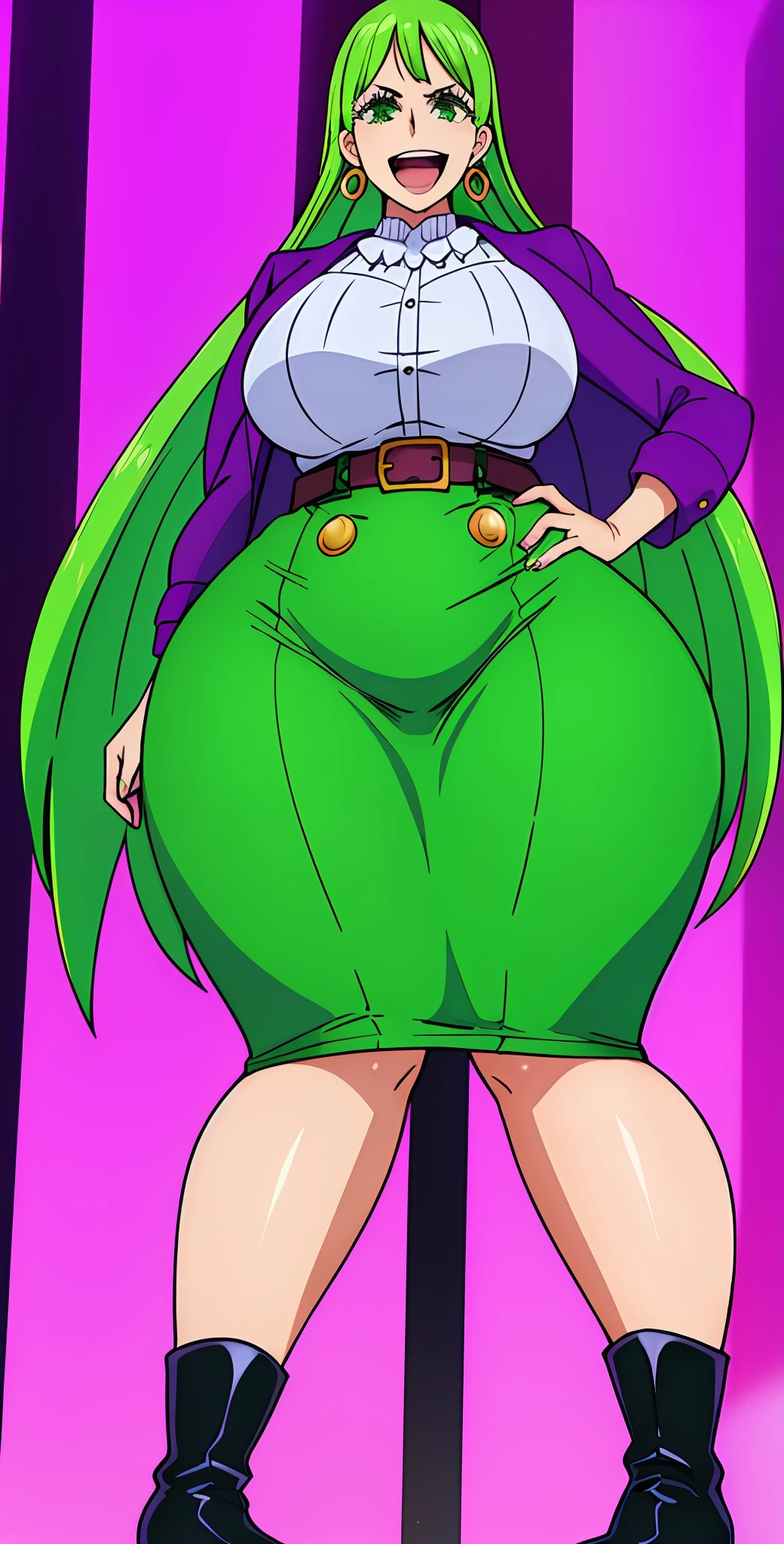 1 girl, super wide hips, super large butt, thicc, green skirt, white belt, purple boots, purple jacket, long green hair, green earrings, super large breasts, masterpiece, green eyes, dark green hair, highres, super large thighs, ass focus, thicc ass, super large hips, One Piece, laughing, curvy, windblown skirt