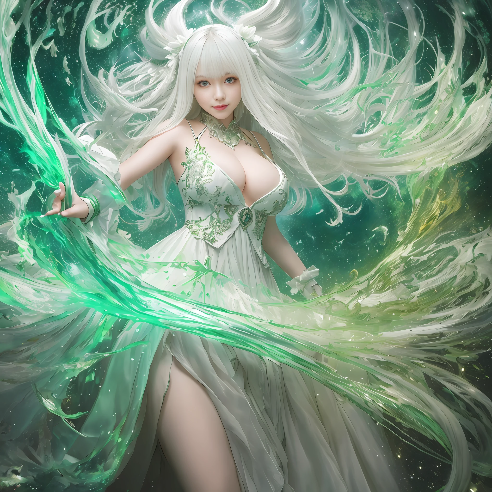 masterpiece, best quality, 8k, insane details, intricate details, hyperdetailed, hyper quality, high detail, half body,
1girl, long white hair, green dress , smiling at the camera,
complex background, water and fire blend,