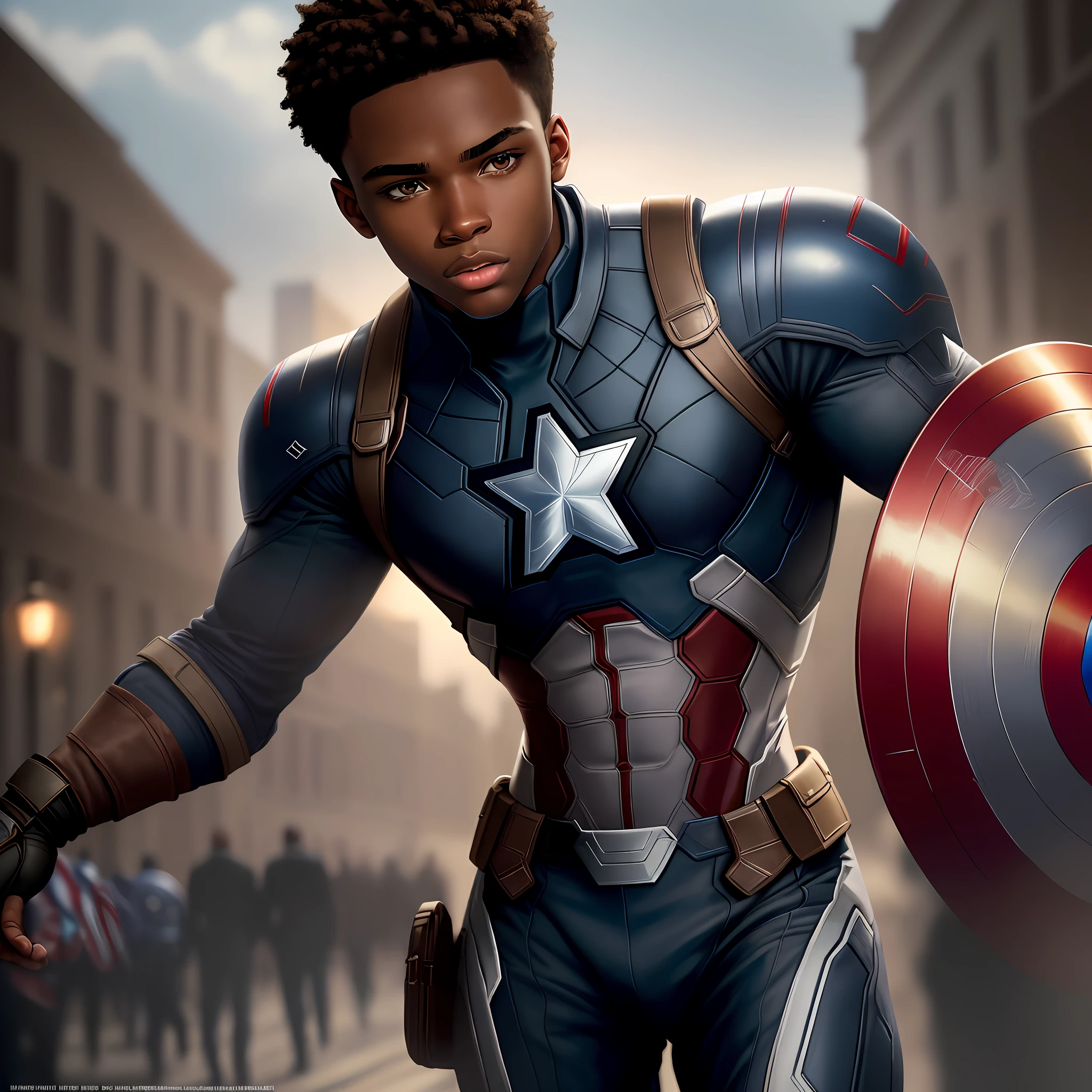 Young, -yeld, Noid guy as Captain America 8k, high resolution, detailed face, detailed face, detailed eyes, detailed costume, marvel and dc style, hyper-realistic, + cinematic shot + dynamic composition, incredibly detailed, sharp, detailed + superb details + evening with light + perfectionism + award-winning realism