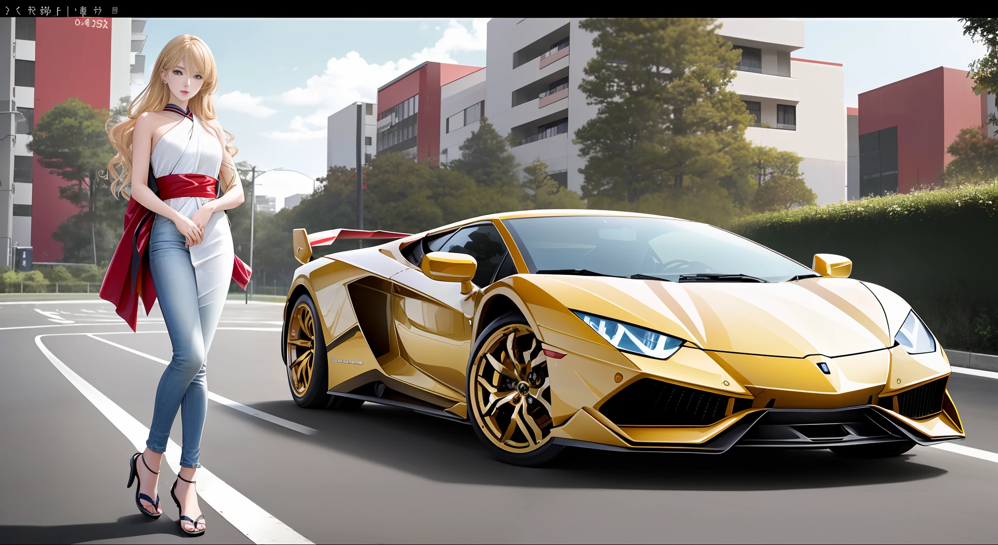 Japanese model girl, medium golden hair,wear Racing long jeans dress,stable and romance,no sexy,full body portrait,shoot micro camera,1.4, Masterpiece, Lamborghini Red Colour,Sunny Day, Racing, Vertical Lamborghini doors,opened it,8k resolution,Model stand beside the car, Fashionable, masterpiece, detailed eye and face,nice cool lipstick, stylish,Shoot from viewer, Cenimatic lighting, best resolution,micro camera,Sony,Arcana Background, blur,8k resolution, realisms, realistic photo,