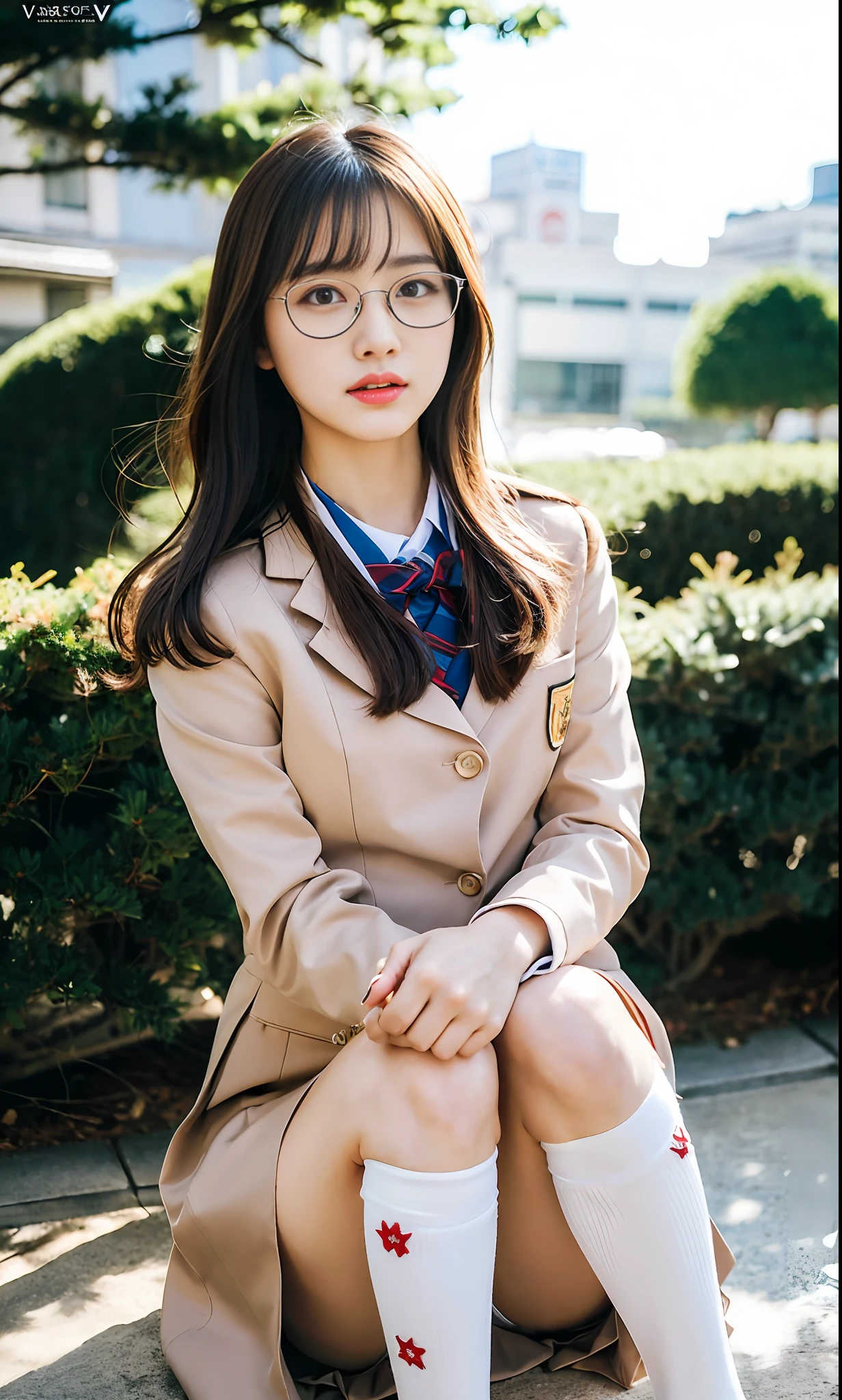 ulzzang-6500-v1.1, (Raw photo:1.2), (Photorealistic:1.4), Beautiful detailed girl, Very detailed eyes and face, Beautiful detailed eyes, Ridiculous, Incredibly ridiculous, Huge file size, Ultra detailed, High Definition, Very detailed, Best quality, Masterpiece, Kemomimi, ((Japan Girls' High School Uniform)), Illustration, Very detailed, CG, Unification, 8k wallpaper, amazing, fine detail, masterpiece, best quality, highly detailed cg uniform 8k wallpaper, face light, movie lighting, 1 girl, , (without panties)), (with glasses), (dynamic pose))), (camel toe), (half), (bent knees and legs sitting))