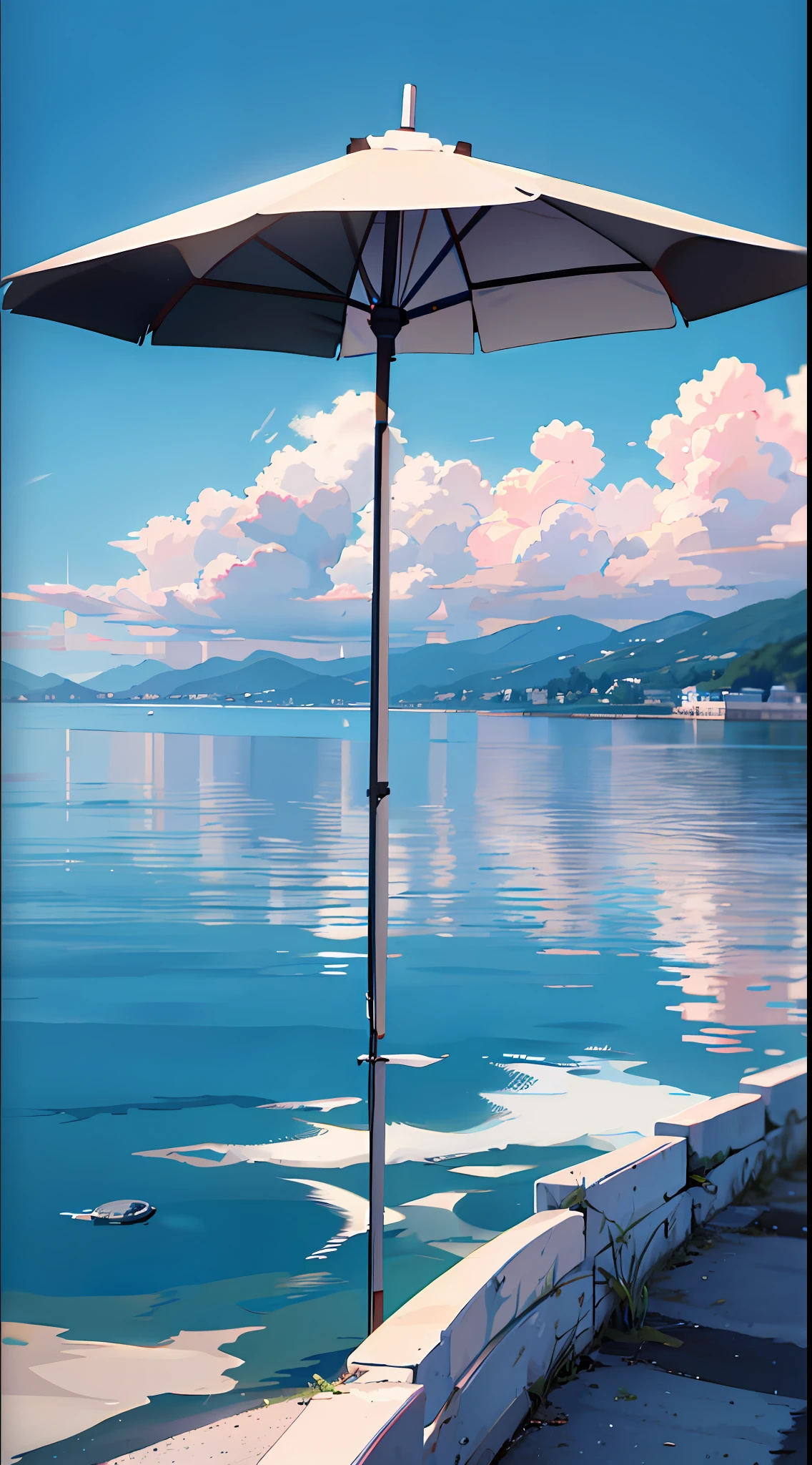 no humans, scenery, vanishing point, from below, masterpiece, best quality, 8k, absurdres, water surface, summer, noon, sunlight, blue sky, perspective, depth of field, highres, finely detail, ultra-detailed, sharp focus