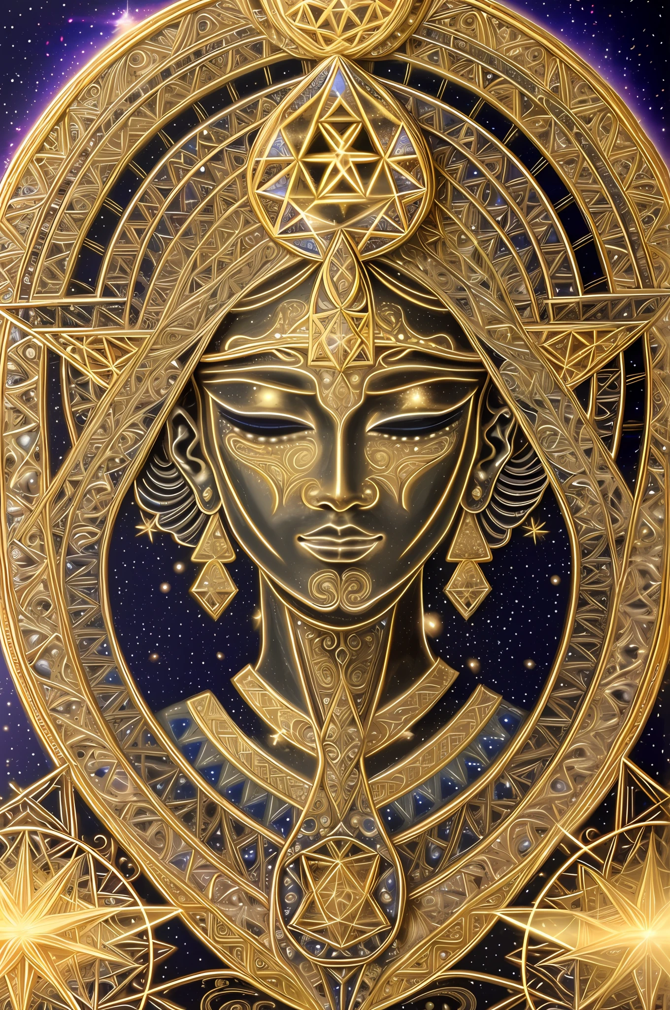 beautiful intricate egyptian goddess face surrounded by (glowing sacred geometry:1.3), (catlike features:1.2), eyes closed, (art by alex grey:0.9), (3d ultra realistic:1.3), 8k hd, advanced shading, external light source, glowing chakras, glowing energy, (high contrast:1.1), planets and stars, (highly details, highly intricate:1.7), (ultra realistic:1.5), very colorful, (psychedelic:1.1), extra terrestrial, alien, tribal, ethereal light emanating from within, open eyes filled with stars of the universe