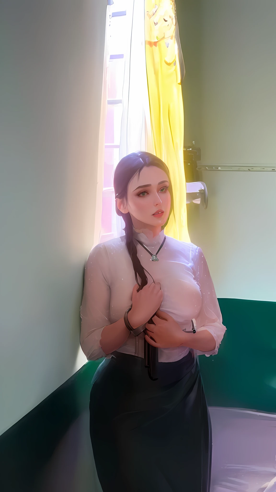 "((masterpiece)), ((realistic)), ((hyperrealistic)), thin female, small boobs, flat chest, long and high-quality dark hair with bangs, dark eyelashes, makeup, fair skin, green eyes looking at the camera, 4k, 8k, hdr, ((woman)), ((handcuffed hands)), ((on the bed))"