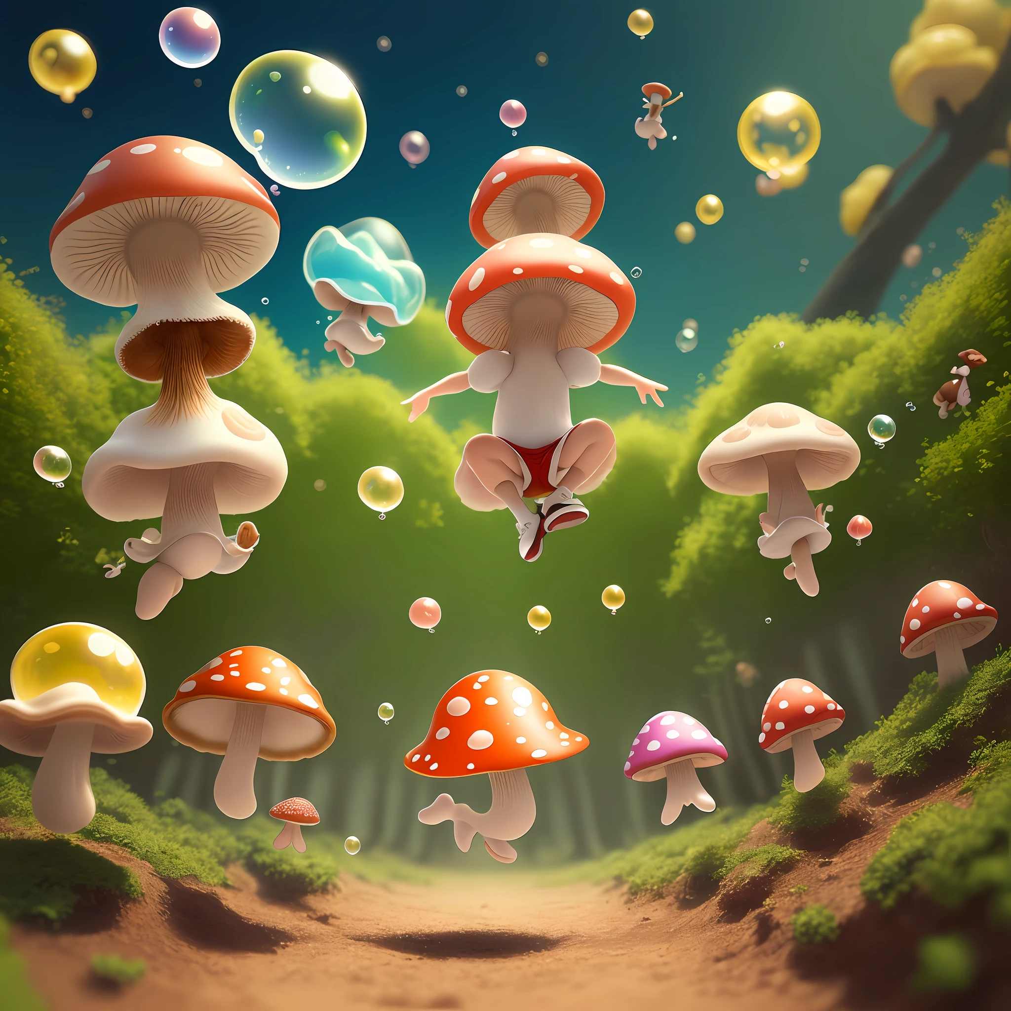 The world of colorful bubbles A group of small mushrooms jumping