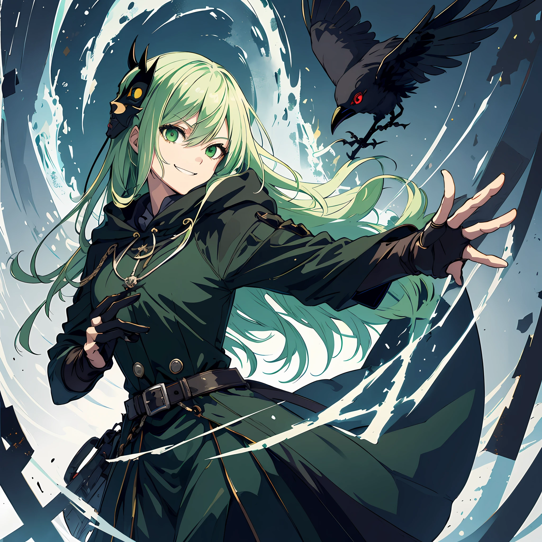masterpiece, top quality, 1 puppet girl, light green hair, black crow mask, badass, fine eye detail, intricate detail, (style-pixiv:0,8), portrait, (thread :0,7 ), solo, full shot body, background detail, (the wind blows with threads: 1.1) crazy smile, dynamic fly pose, puppeter, pentagram, dark green hood and cloak suit, medieval, abyss of darkness in the background