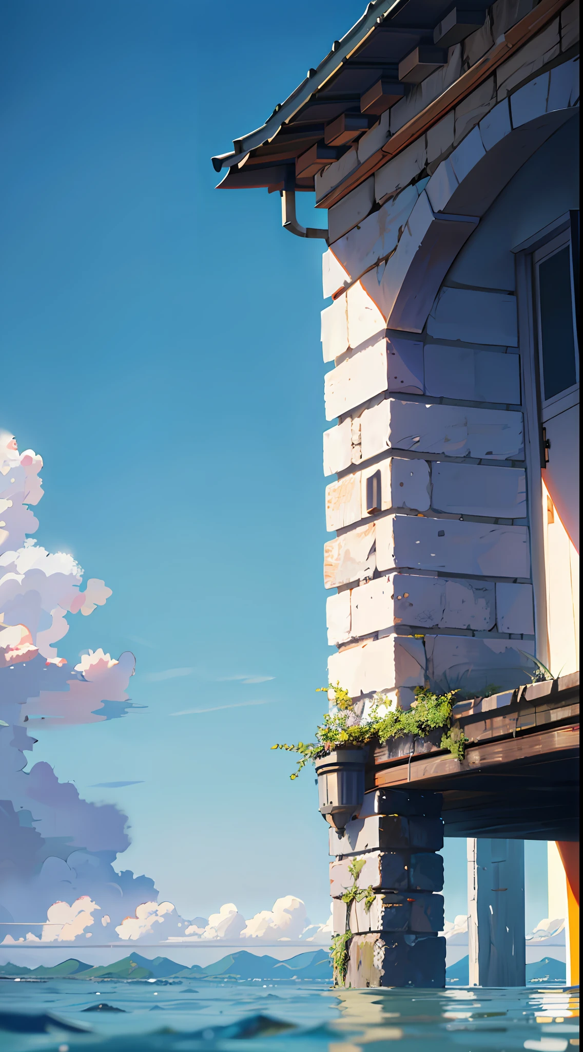 no humans, scenery, vanishing point, from below, masterpiece, best quality, 8k, absurdres, water surface, summer, noon, sunlight, blue sky, perspective, depth of field, highres, finely detail, ultra-detailed, sharp focus
