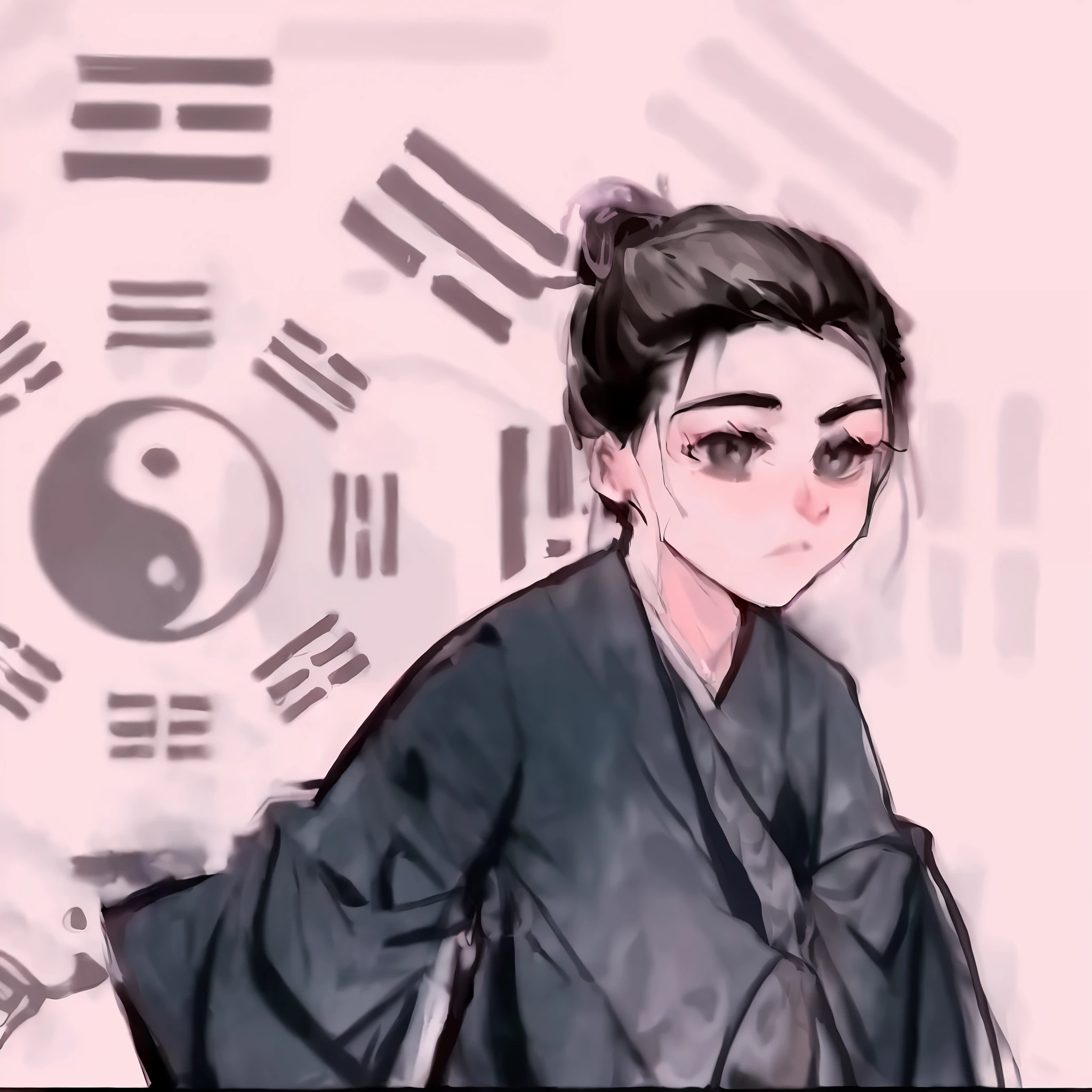 An image of Aalfed in a costume with yin and yang symbols in the background, Demon Slayer Rui fanart, Nezuko-chan, inspired by Chen Daofu, official fan art, high-quality doujin art, Nezuko, inspired by Ma Yuanyu, anime style, handsome guys in Demon Slayer art, traditional art