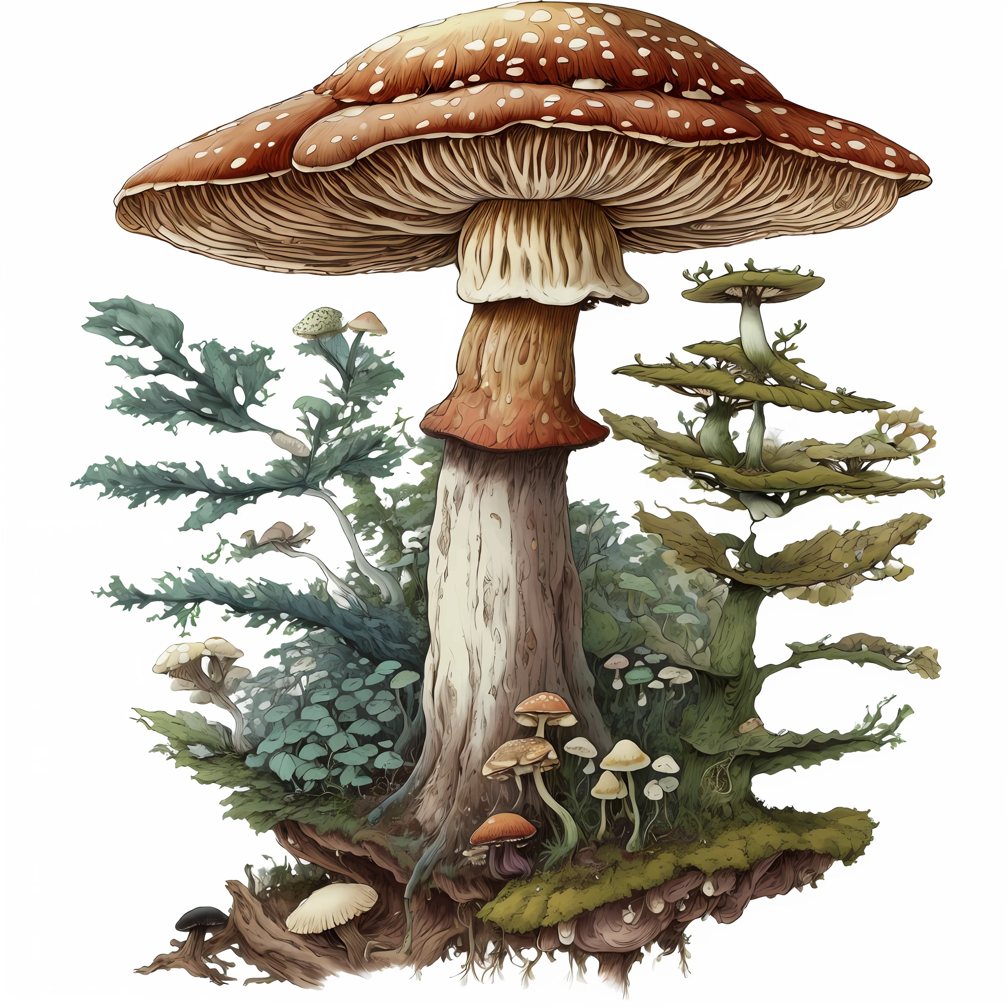 a drawing of a mushroom on a tree stump with a forest in the background, mushroom, giant mushroom, cubensis, mushrooms and plants, magic mushroom, overgrown with funghi, fungus and plants, mycologist, fungal, mushrooms grow from the body, amanita, finely detailed illustration, fungus, highly detailed illustration, dark mushroom, mushrooms