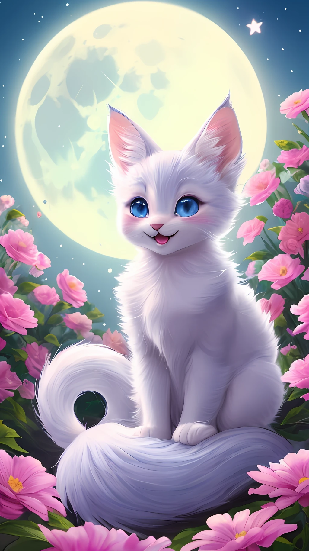 A kitten with a tiny tail, a small nose, small ears, blue eyes, pink background, flowers, vases, dreams, open mouth, smile, Caroline Chariot-Dayez pastels, tumblr, furry art, elokitty, Disney's Bambi cat, Disney's stylized furry, ears floating, fluffy tail, fluffy '', fluffy !!!, high resolution, furry art!!! The moon, small in size