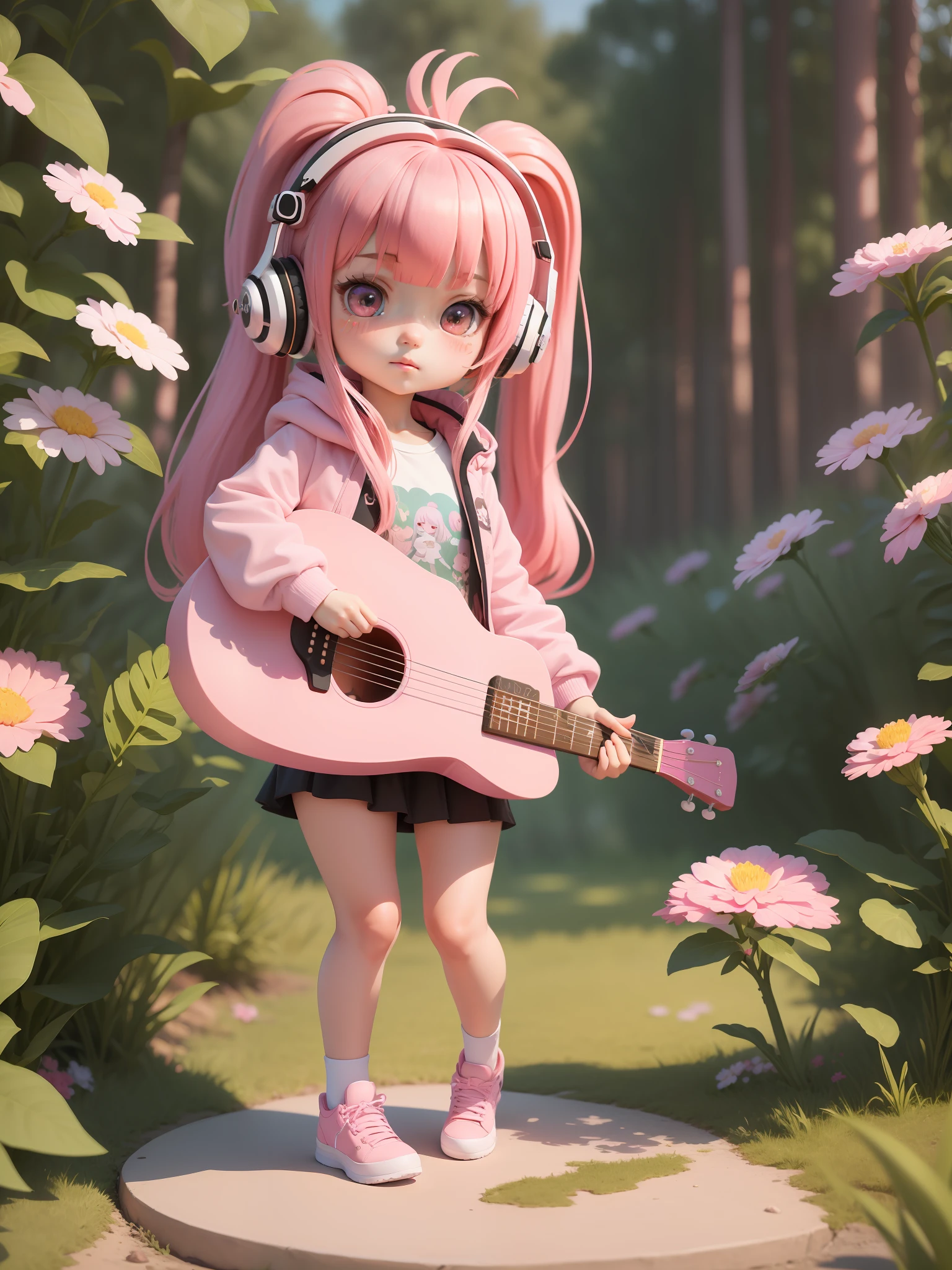 (masterpiece),(best quality),(ultra-detailed), (full body:1.2), 1 chibi girl very cute with pink hair and blushed, flower, outdoors, playing guitar, music, holding guitar, jacket, :3, shirt, long pinkhair in one side ponytail, pine trees, pink hair, blush stickers, long sleeves, bangs, headphones, flowers (beautiful detailed face), (beautiful detailed eyes),