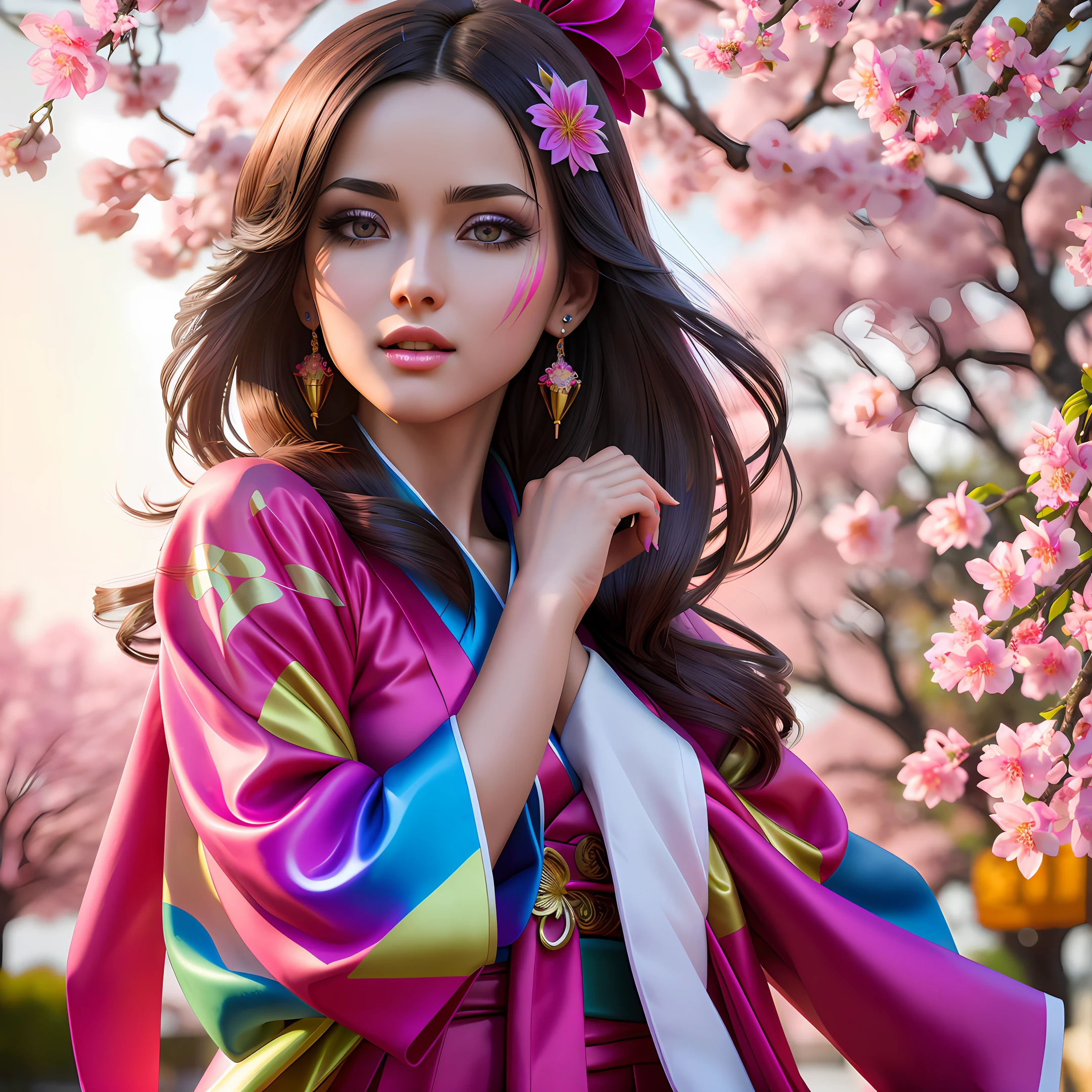 octane render, hdr, (hyperdetailed:1.2), (soft light, sharp:1.2), 1girl, beautiful girl, ultra detailed eyes, plump, thick, long colored hair, kimono made from paint, ultra detailed texture kimono, rainbow paint kimono, paint bulb, paint drops, (hair ornaments, earrings), outdoors, sakura trees
