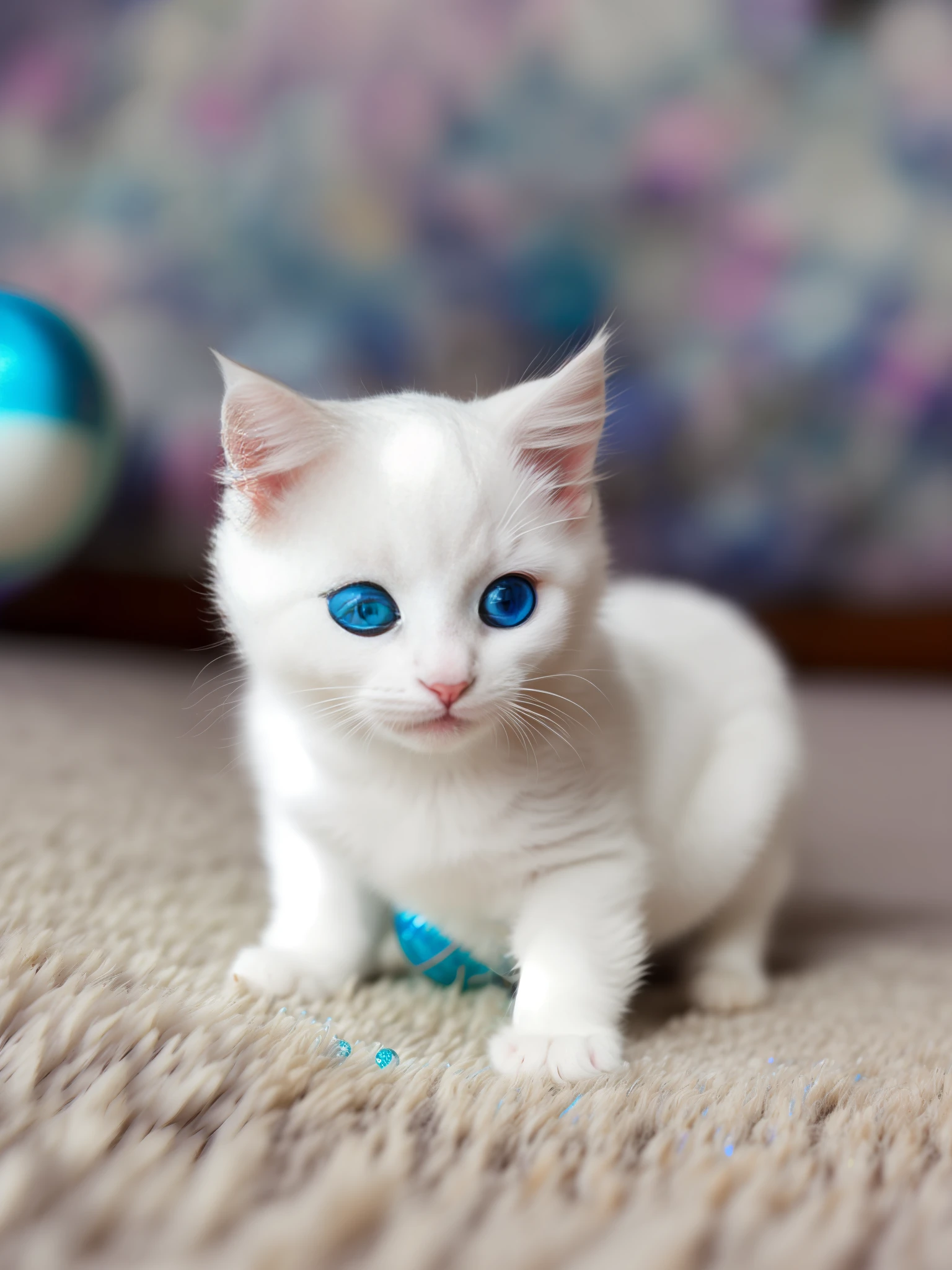 A cute white kitten playing with an iridescent ball on a blue round rug, high definition, amazingly detailed, intricate, elegant, 4k ultra detailed, cinematic sensual, masterpiece, colors, surreal, vibrant colors, Intricate, High Detail, Realistic, Symmetry, Volumetric Light, Beautiful, Rich Dark Colors, Masterpiece