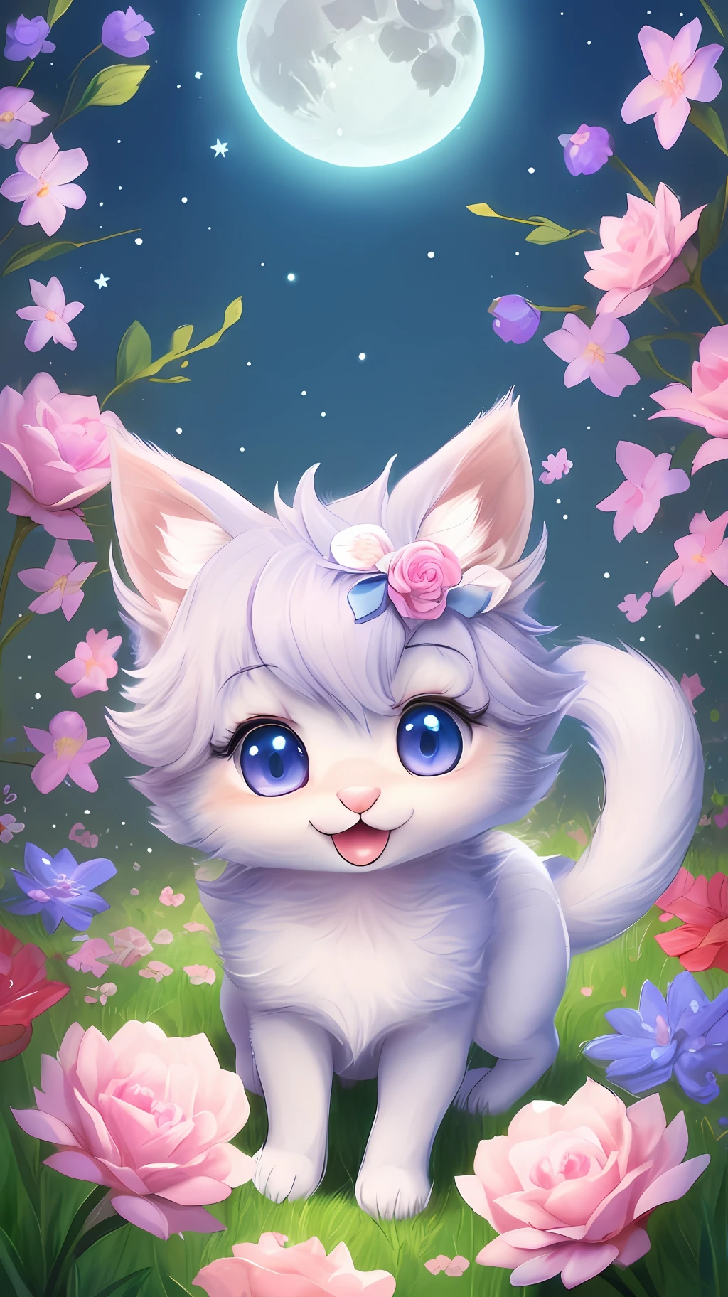 A kitten with a tiny tail, a small nose, small ears, blue eyes, pink background, flowers, vases, dreams, open mouth, smile, Caroline Chariot-Dayez pastels, tumblr, furry art, elokitty, Disney's Bambi cat, Disney's stylized furry, ears floating, fluffy tail, fluffy '', fluffy !!!, high resolution, furry art!!! The moon, small in size