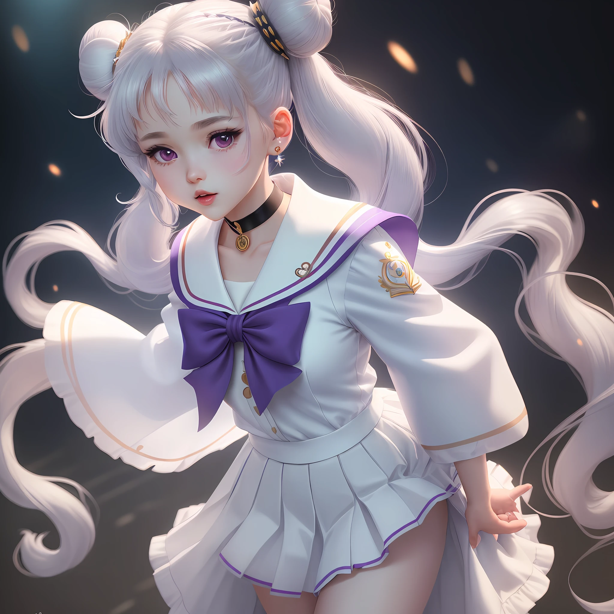 photorealistic, (hyperrealistic:1.2), (extremely detailed CG unity 8k wallpaper), (super detailed), mastery, best quality, 1girl, sailor cosmos, standing, cowboy shot, solo, long hair, skirt, hair ornament, twintails, accessories, Purple pupils, white hair, pleated skirt, earrings, choker, sailor collar, bun, cape, character name, bun, face print, white skirt, brooch, white sailor collar, hairpin, forehead mark, white choker, sailor senshi uniform, cane