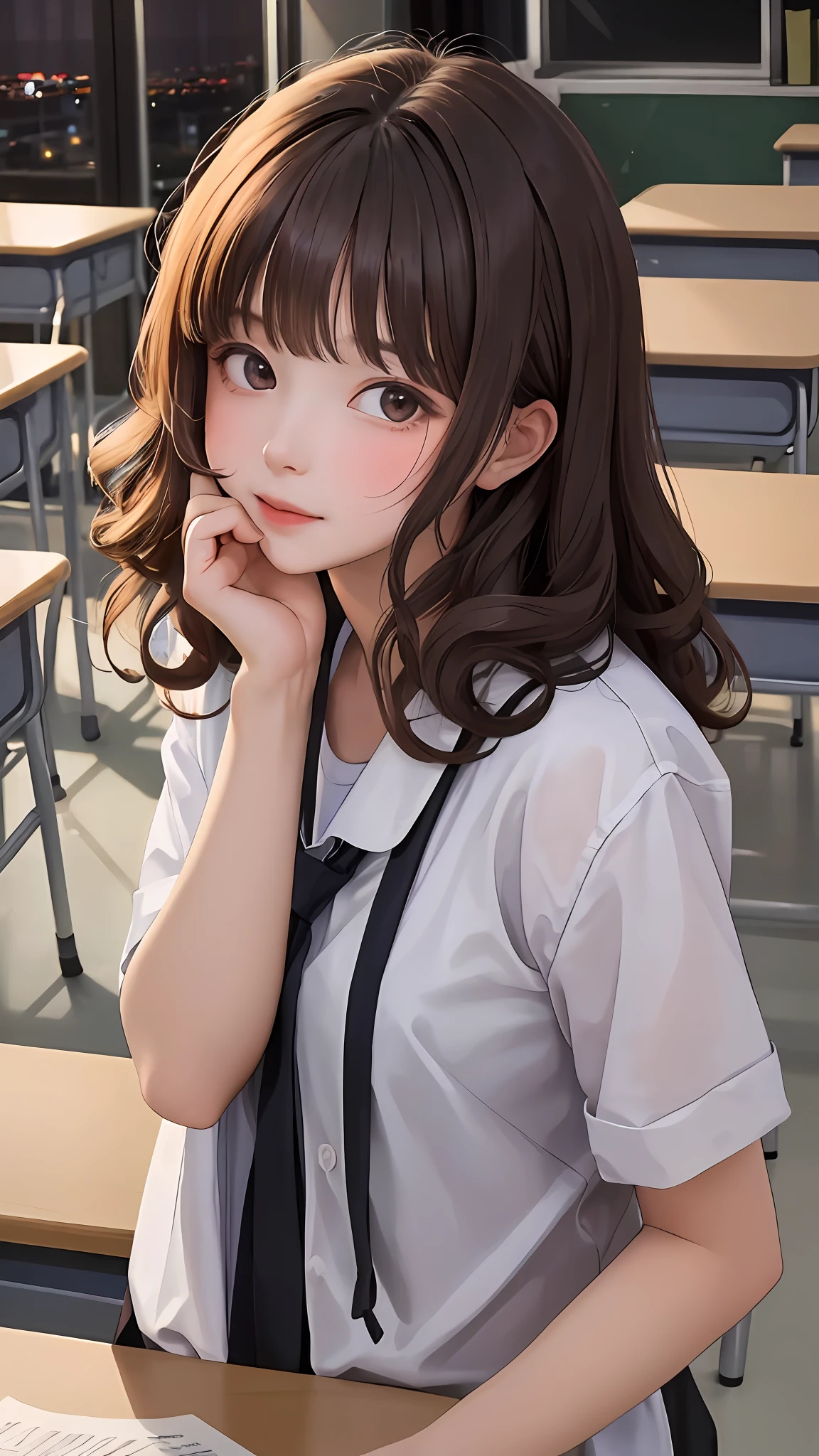 (masterpiece:1.2), (best quality:1.2), ht, (looking at viewer), brighten, inside the classroom, bangs, long hair, (curly hair), in a kiss