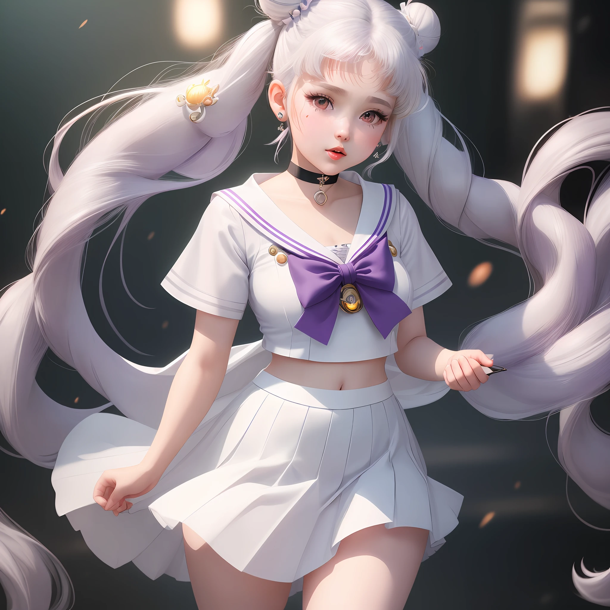 photorealistic, (hyperrealistic:1.2), (extremely detailed CG unity 8k wallpaper), (super detailed), mastery, best quality, 1girl, sailor cosmos, standing, cowboy shot, solo, long hair, skirt, hair ornament, twintails, accessories, Purple pupils, white hair, pleated skirt, earrings, choker, sailor collar, bun, cape, character name, bun, face print, white skirt, brooch, white sailor collar, hairpin, forehead mark, white choker, sailor senshi uniform, cane