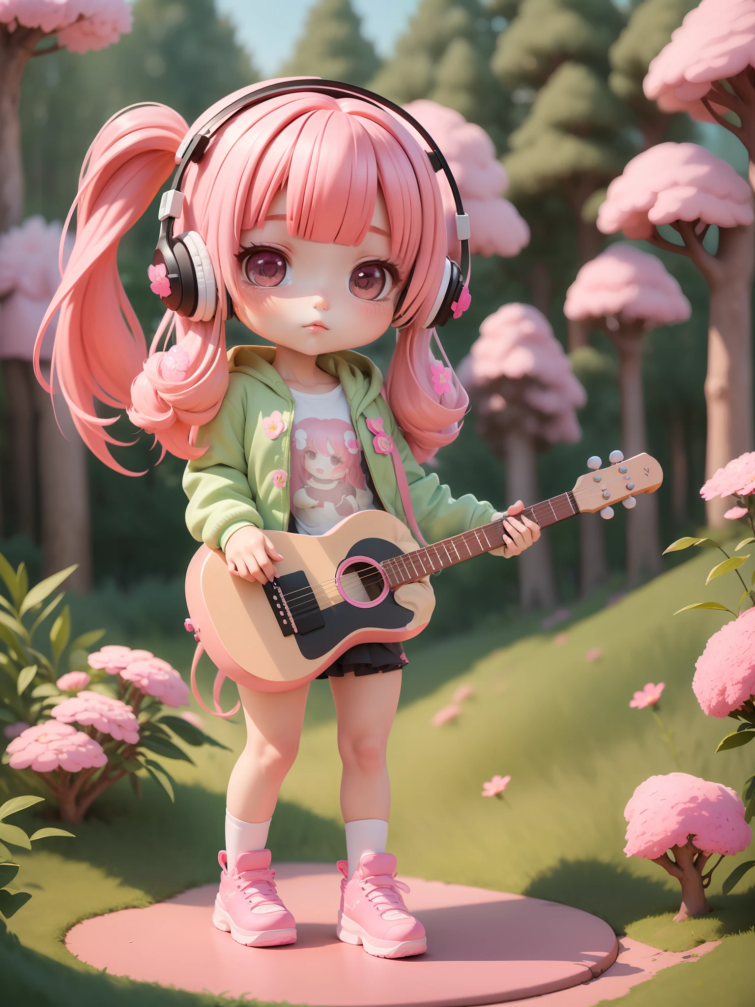 (masterpiece),(best quality),(ultra-detailed), (full body:1.2), 1 chibi girl very cute with pink hair and blushed, flower, outdoors, playing guitar, music, holding guitar, jacket, :3, shirt, long pinkhair in one side ponytail, pine trees, pink hair, blush , long sleeves, bangs, headphones, flowers (beautiful detailed face), (beautiful detailed eyes),