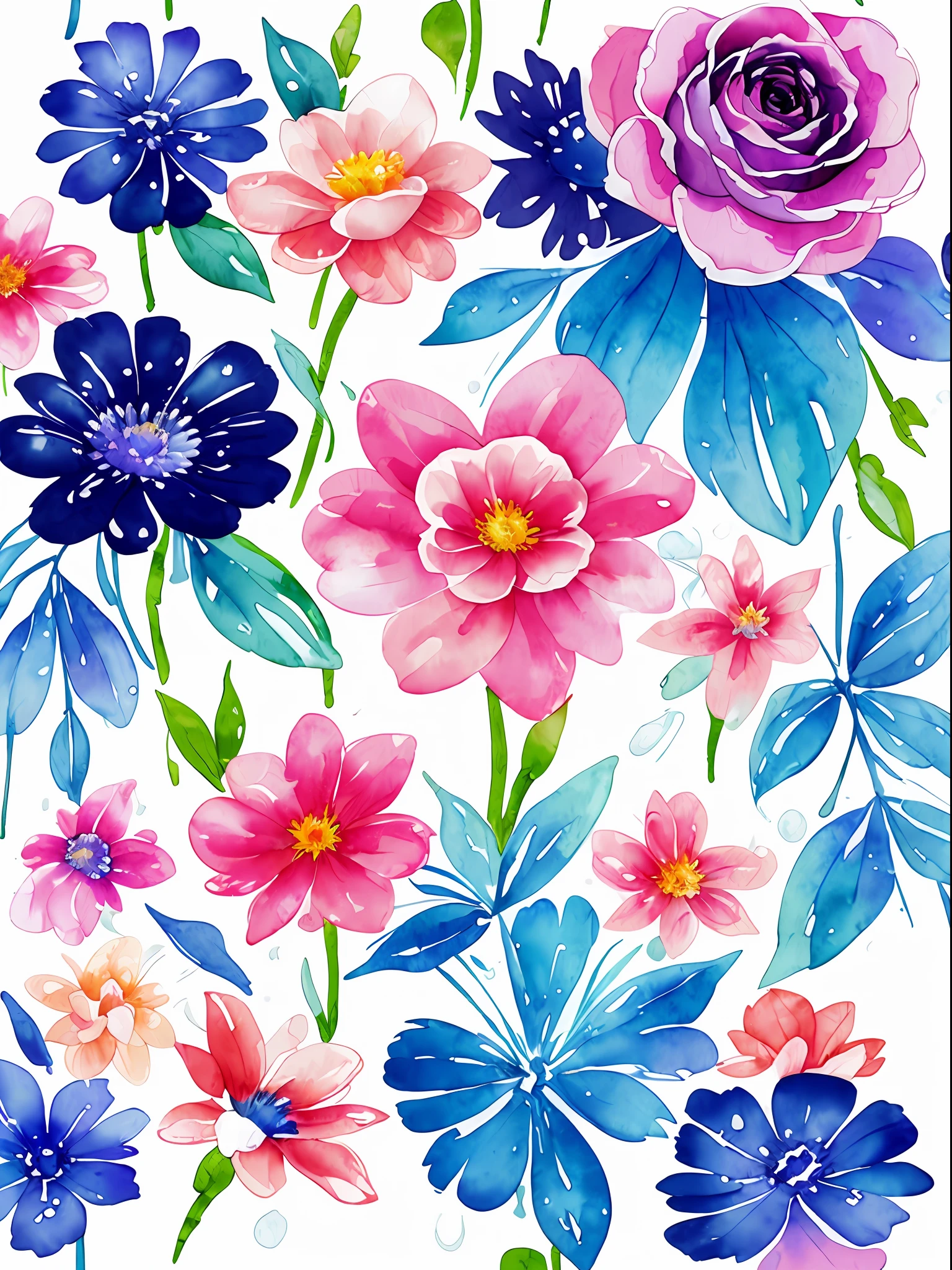 watercolor, flower, beautiful, watercolor style, flower and leaf patterns, wet on wet technique, muted, indigo, fabric design, flat illustration, highly detailed clean, vector image, masterpiece, professional, isometric, bright vector, white background, dry brush, brush strokes, painted on canvas, by J.M.W. Turner. expressive marks.