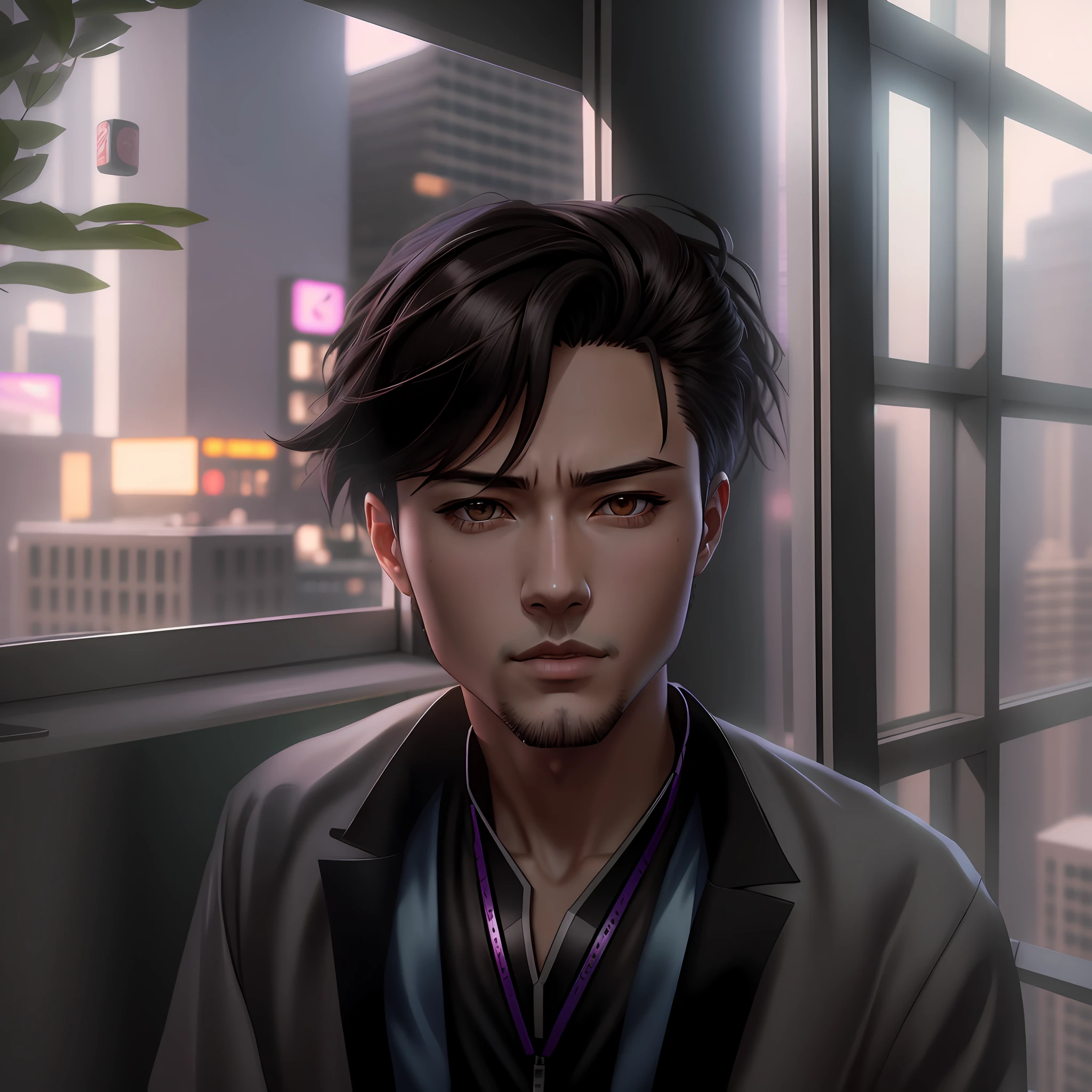 cyberpunk, there is a man that is sitting in front of a window, painted in anime painter studio, realism artstyle, digital painting highly detailed, anime realism style, anime portrait of a handsome man, low detailed. digital painting, realistic artstyle, made with anime painter studio, 8k digital painting, realistic anime artstyle, digital paining, realistic anime 3 d style