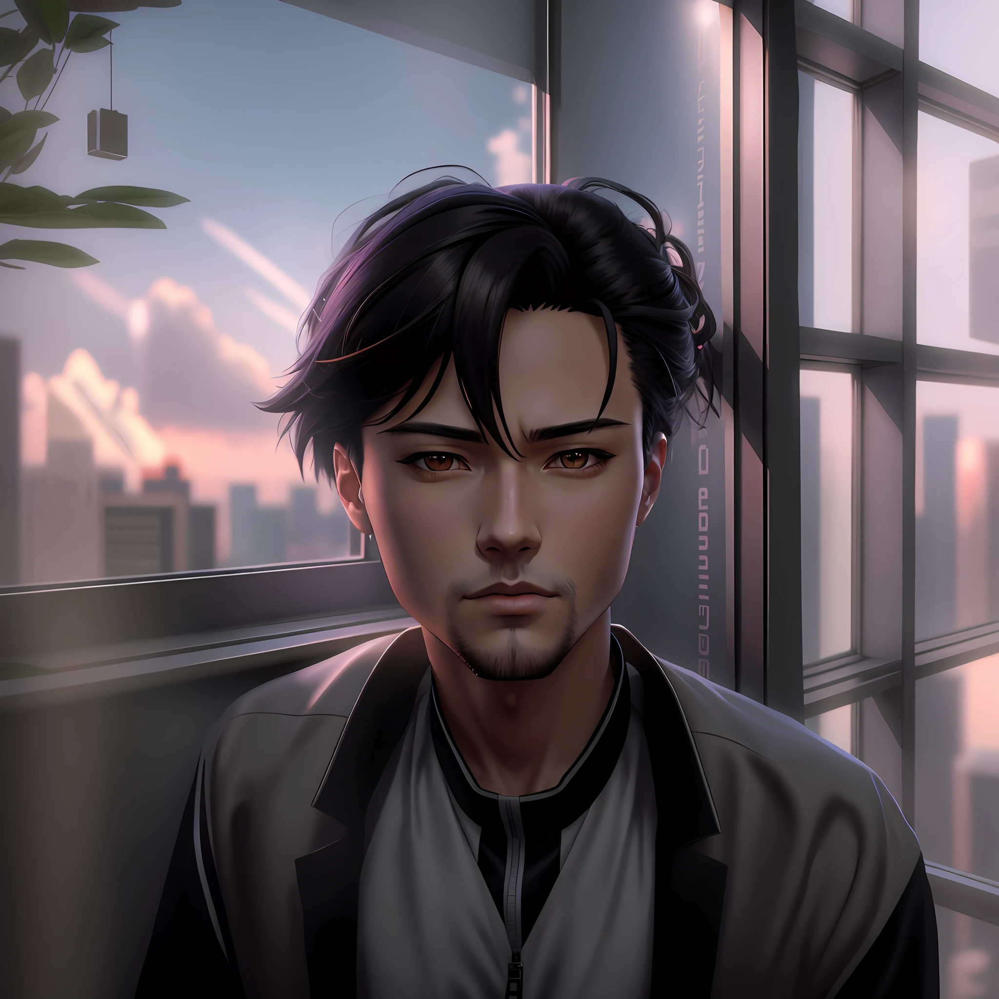 cyberpunk, there is a man that is sitting in front of a window, painted in anime painter studio, realism artstyle, digital painting highly detailed, anime realism style, anime portrait of a handsome man, low detailed. digital painting, realistic artstyle, made with anime painter studio, 8k digital painting, realistic anime artstyle, digital paining, realistic anime 3 d style