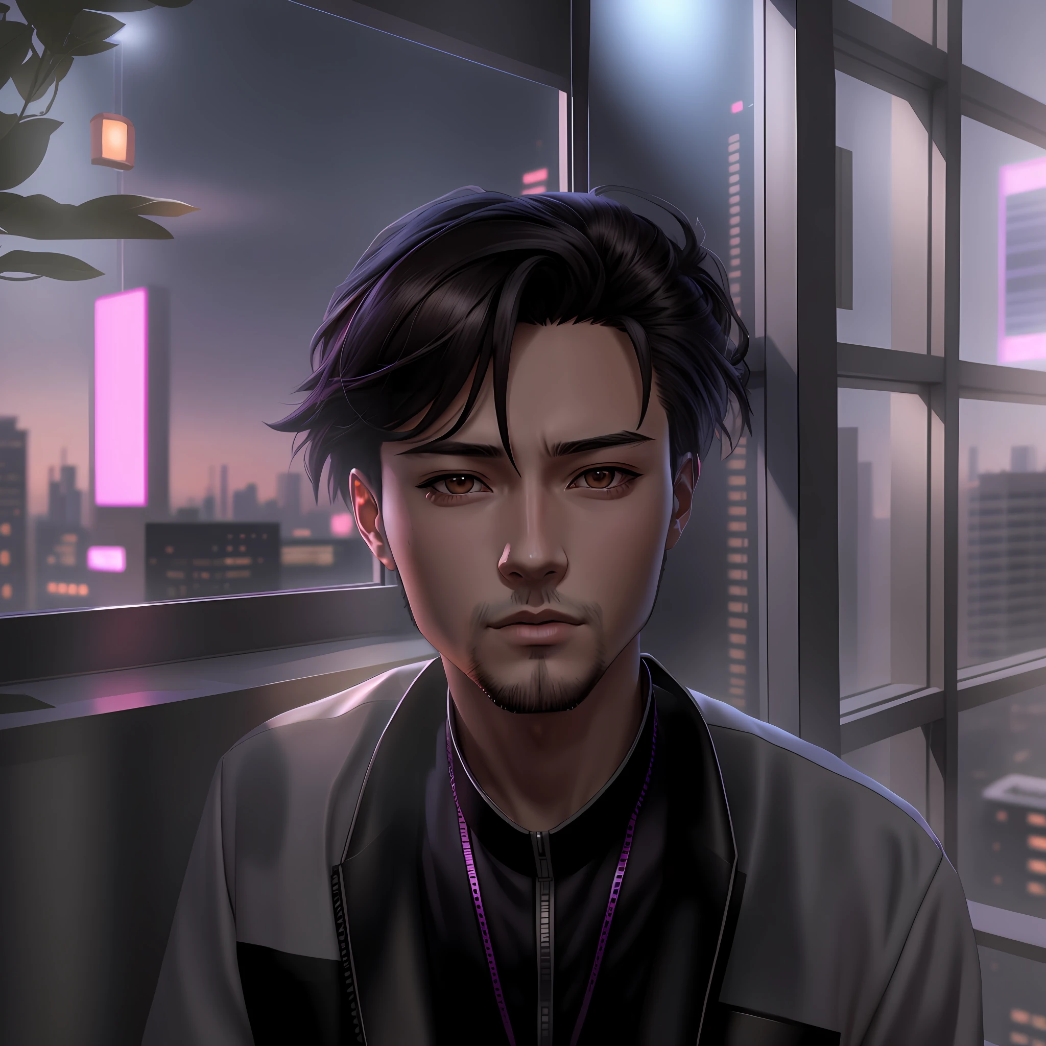 cyberpunk, there is a man that is sitting in front of a window, painted in anime painter studio, realism artstyle, digital painting highly detailed, anime realism style, anime portrait of a handsome man, low detailed. digital painting, realistic artstyle, made with anime painter studio, 8k digital painting, realistic anime artstyle, digital paining, realistic anime 3 d style