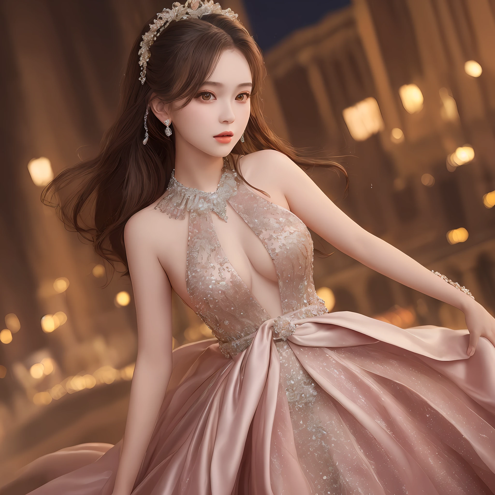 (masterpiece), (best quality), realistic, 1 girl, waist high portrait, upper body, solo, girl in bling prom dress, perfect face, perfect body, photorealism, posing for photo, night prom background