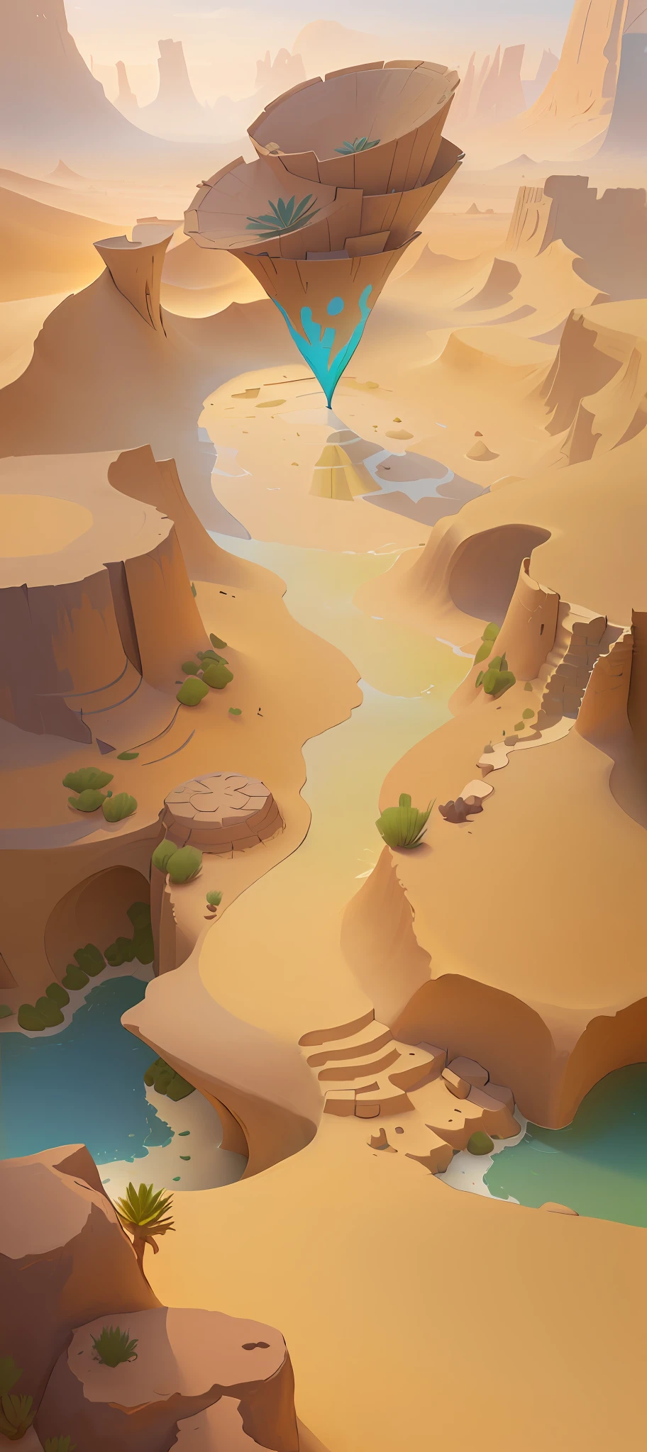 there is a painting of a desert with a stream running through it, stylized concept art, desert oasis background, sand and desert environment, desert environment, painted as a game concept art, stylized game art, stylized painting, somewhere in sands of the desert, background art, desert background, stylized shading, desert lands, background artwork, arena background