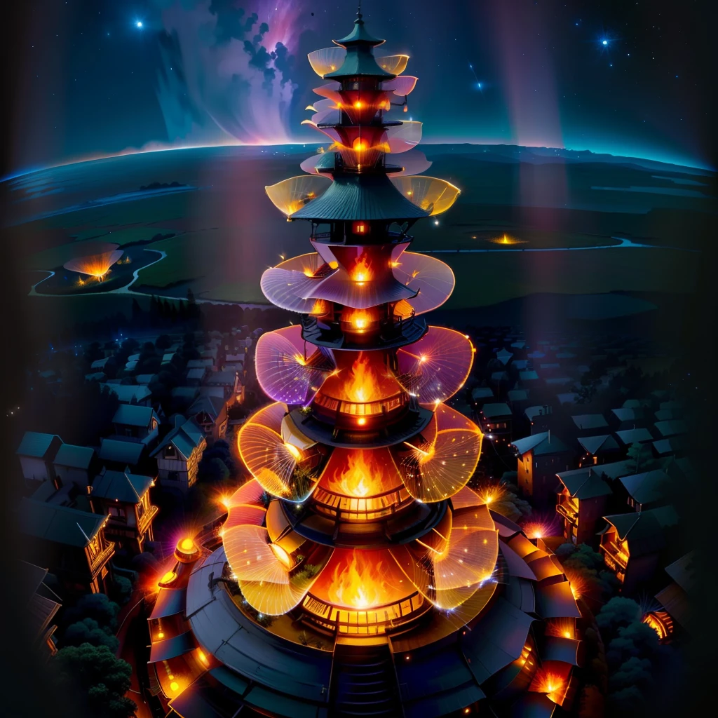 top view anthill tower fire fireflies