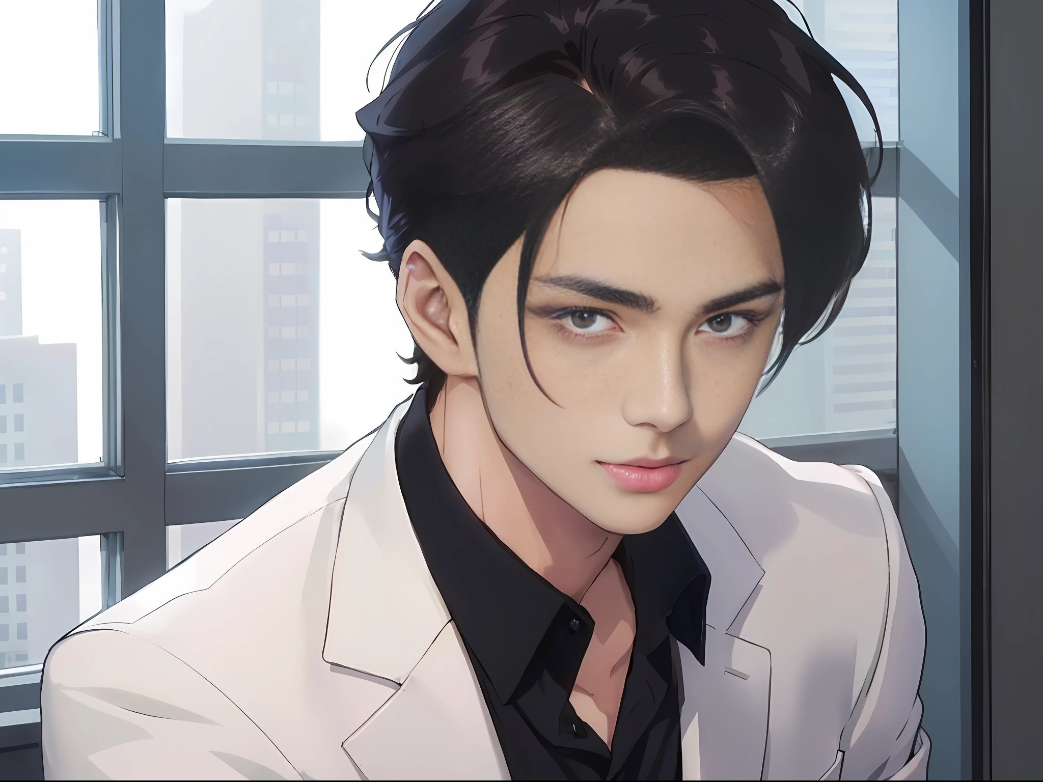 anime man in white suit and black shirt looking at camera, anime handsome man, anime portrait of a handsome man, handsome guy in demon slayer art, delicate androgynous prince, sakimichan frank franzzeta, beautiful androgynous prince, inspired by Yanjun Cheng, tall anime guy with blue eyes, sakimichan, high quality portrait