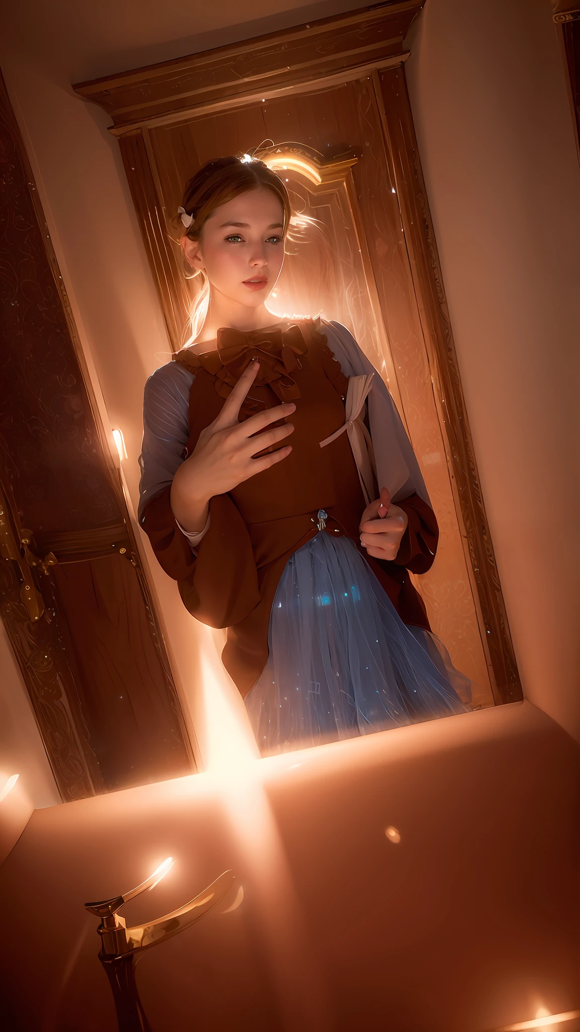(Extremely Delicate Beauty:1.2) ,1girl, fashi-girl, bangs, blue eyes, blurry background, bow, brown hair, shut up, from side, hair between eyes, bows, lanterns, light particles, long sleeves, looking at the audience, medium hair, night, red bows, solo, star\ (symbol\), upper body, smile, red lips