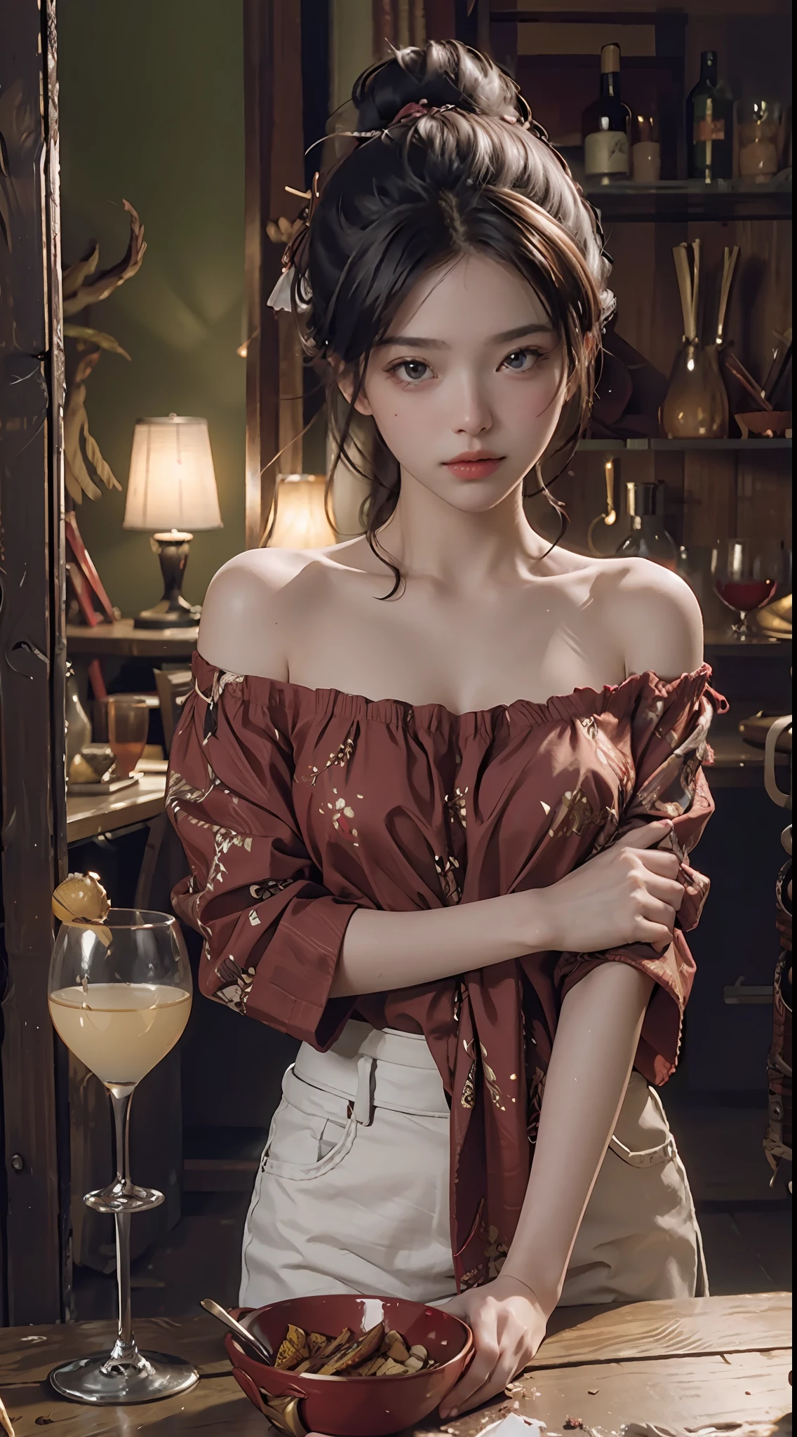 Best quality, masterpiece, ultra high res, (photorealistic:1.4), raw photo, 1girl, off shoulder, cinematic lighting