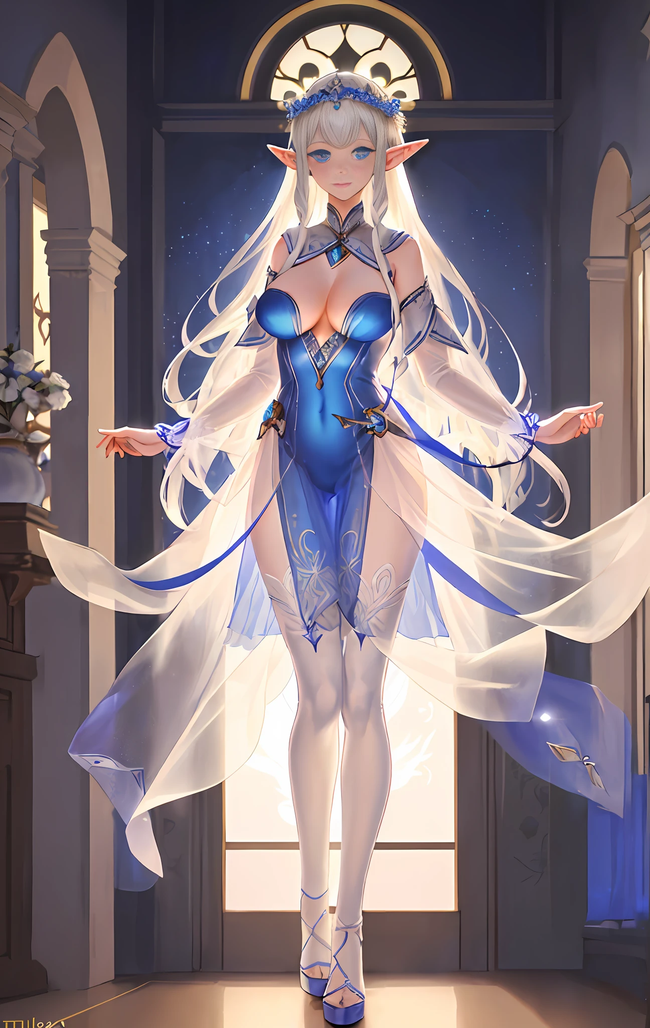 Tall elf goddess, long silver hair, silky and shiny, bright and detailed blue eyes, exposed thighs, legs apart, huge breasts: 1.4, large boobs: 1.4, large breasts: 1.4, magic breasts, pointed elf ears, flowers in hair detailed, see-through, transparent, tulle, light tulle, mesh, (tulle pajamas), high heels, detailed, high resolution, HD 4K 8K, full body