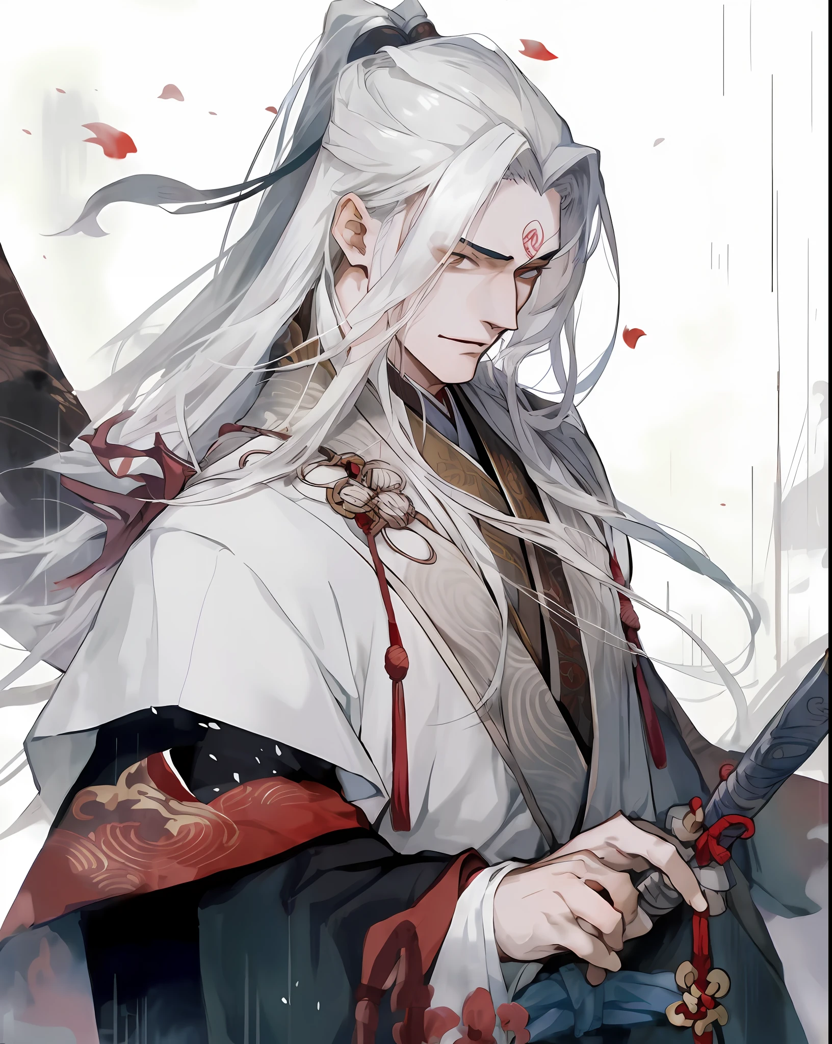 Anime characters, 1 male, son, long white hair, handsome, antique style, Hanfu