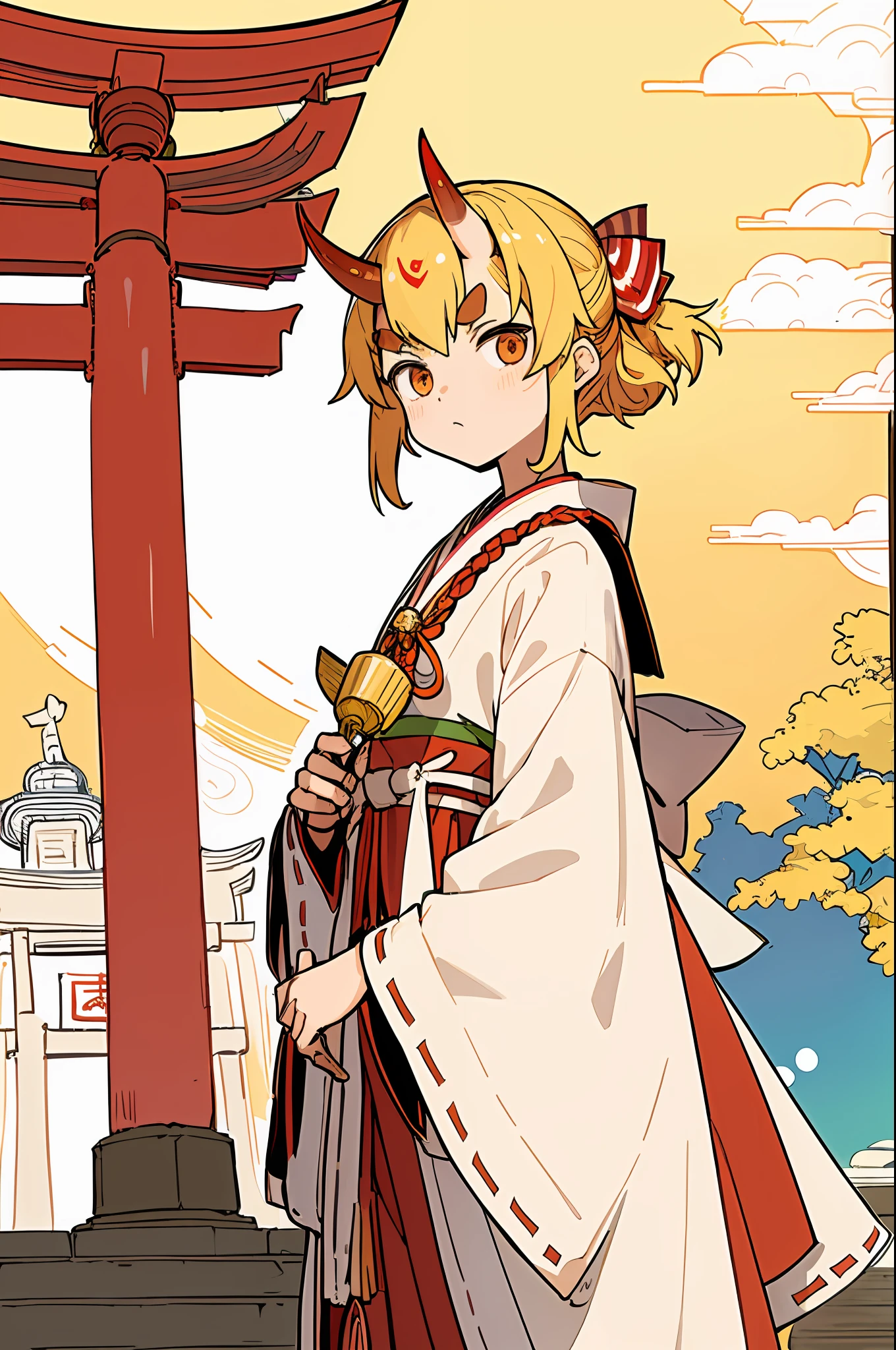 (masterpiece, best quality) by mika pikazo, detailed, 1girl, solo, temple shrine, no outline, colorful flat coloring, warm, red, small single horn, thick eyebrows, shrine maiden outfit