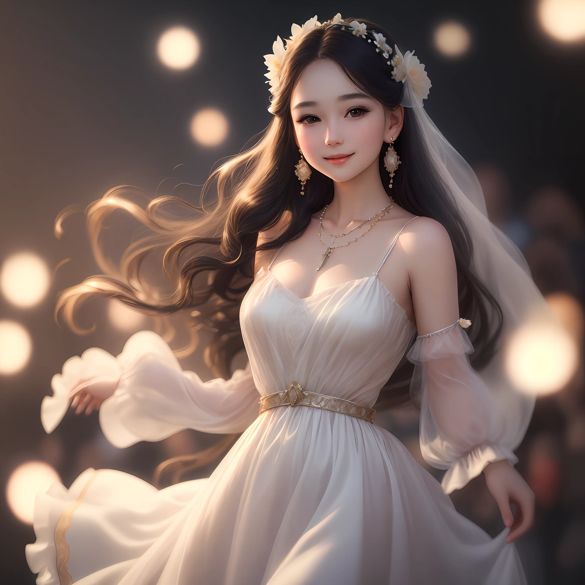 Best quality, masterpiece, high resolution, 1girl, clear silk porcelain dress, beautiful face, hair accessories, looking at the audience, smiling, close your mouth, lips, dress, hair accessories, necklaces, jewelry, long hair, earrings, beautiful face, on the body, Tindal effect, realism, dark studio, edge lighting, two-tone lighting, (high detail skin: 1.2), 8k UHD, DSLR, soft light, high quality, volumetric lighting, photo, high resolution 4K, 8k, blurred background