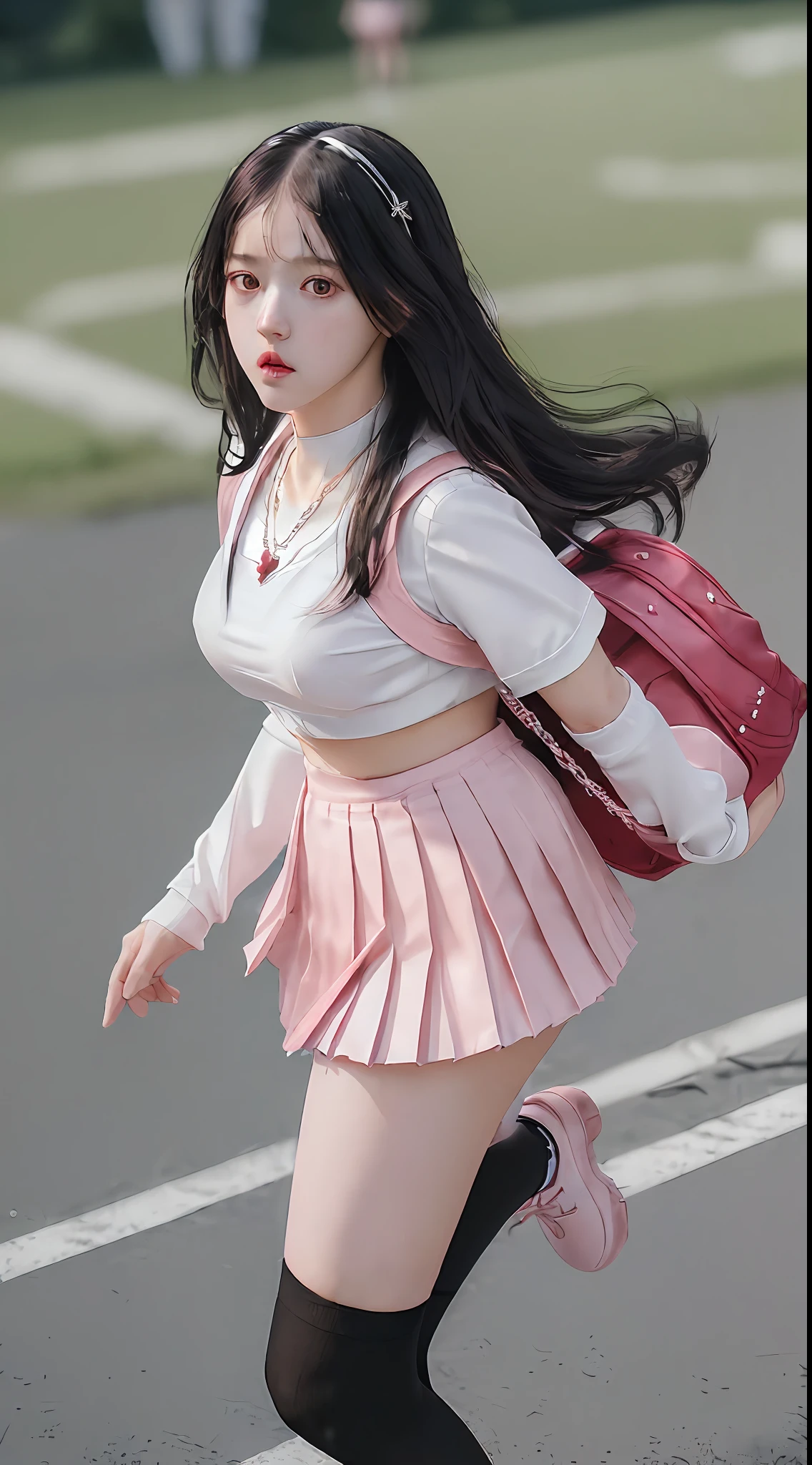 (Super detailed, Excellent, Masterpiece), (School style,), ((Royal sister girl), (White pleated skirt, Black over-the-knee socks, Falling hair, Red eyes, Poor breasts), (Serious, unkempt hair), (Pink schoolbag in left hand), (Sakura necklace, black coat), (Motion shot, 4K, cinematic quality)