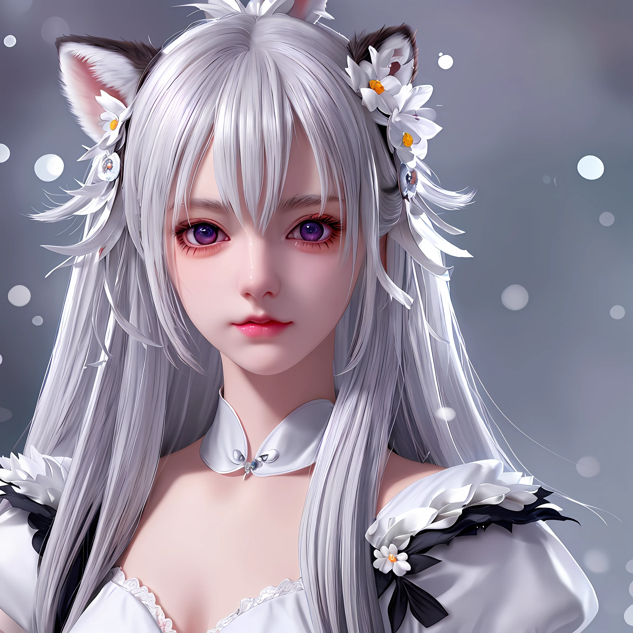 Hair over one eye, mole under the eye, crazy eyes, heterochromia, fox ears, kubrick gaze, anime style, impressionism, mixed, chiaroscuro, close up, uhd, masterpiece, high detail, high quality, best quality