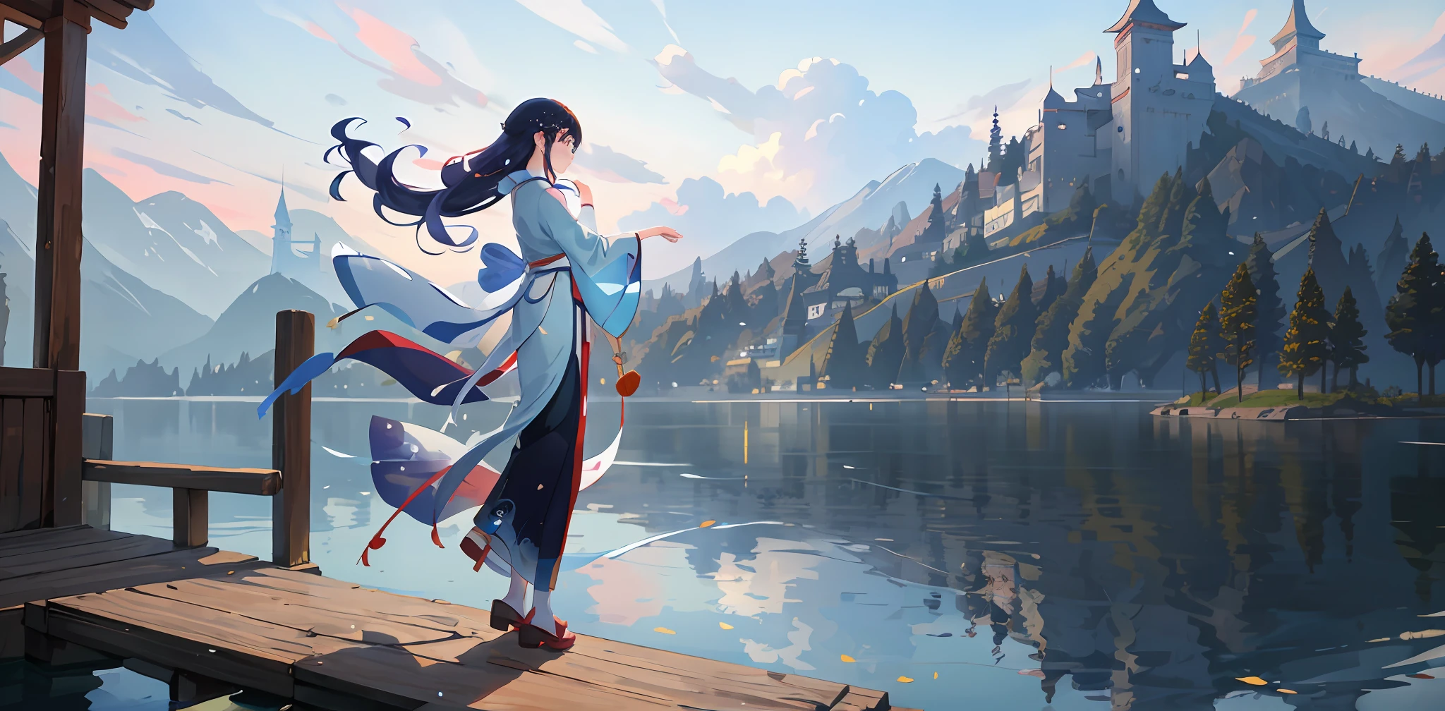 There is a girl in a Hanfu dress walking across the lake, anime girl walking on the water, Makoto Shinkai Cyril Rolando, a beautiful artwork illustration where she walks on the river, children's art in Artstation, Atey Ghailan 8 K, Makoto Shinkai's style, beautiful digital illustration, stunning digital illustration, emotional concept art, beautiful digital artwork