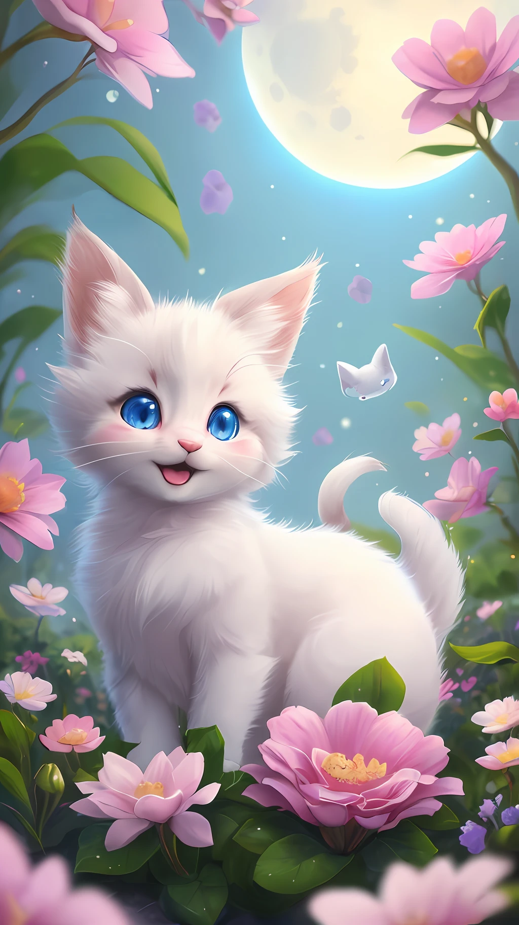 A kitten with a tiny tail, a small nose, small ears, blue eyes, pink background, flowers, vases, dreams, open mouth, smile, Caroline Chariot-Dayez pastels, tumblr, furry art, elokitty, Disney's Bambi cat, Disney's stylized furry, ears floating, fluffy tail, fluffy '', fluffy !!!, high resolution, furry art!!! The moon, small in size