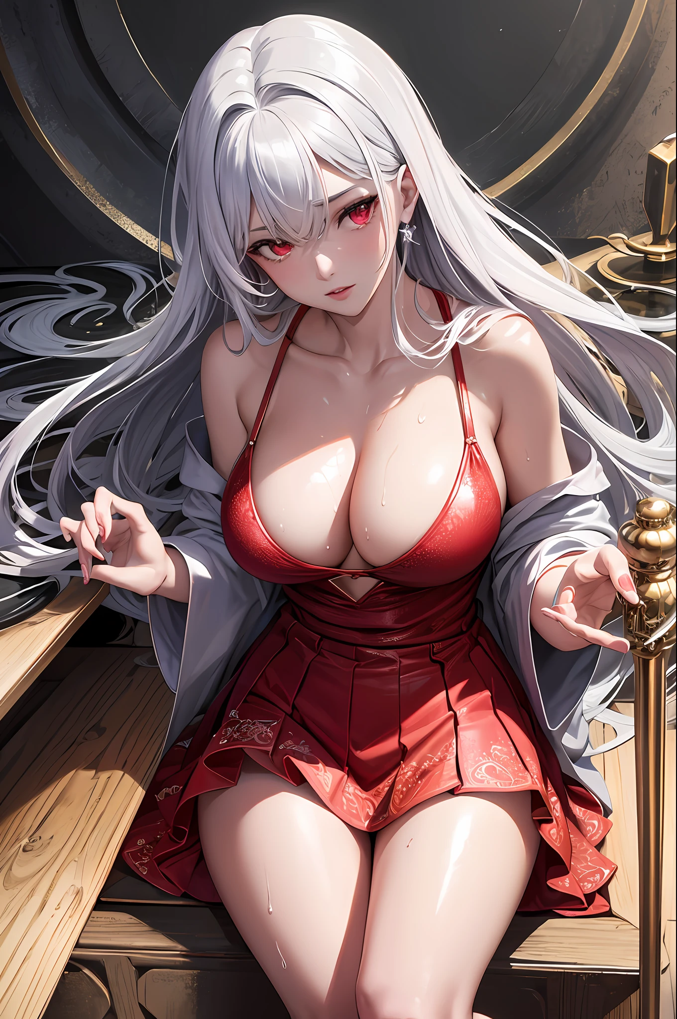 (masterpiece, top quality, best quality, official art, beautiful and aesthetic:1.2), (1girl:1.3), (fractal art:1.3), absurd, masterpiece, best quality, realistic, hyper-detailed, (shiny skin, sweaty :1.4), Look at the audience, Slim, 1girl, solo, white sneakers, white mini skirt, long straight hair, princess cut, purple hair, red eyes, (thick thigh:0.5), dynamic lighting, high resolution, sharp focus, depth field, ((big breasts)), vampire, red alchemy potion, red alchemy potion, potion bottle, glowing red potion, masterpiece, superfine, super fine, illustration, super fine face, extreme face, evil, 30 years old, adult, 1girl, 30 years old, non-human, Gray hair, alchemy, finely sculpted, thin lips, fine face