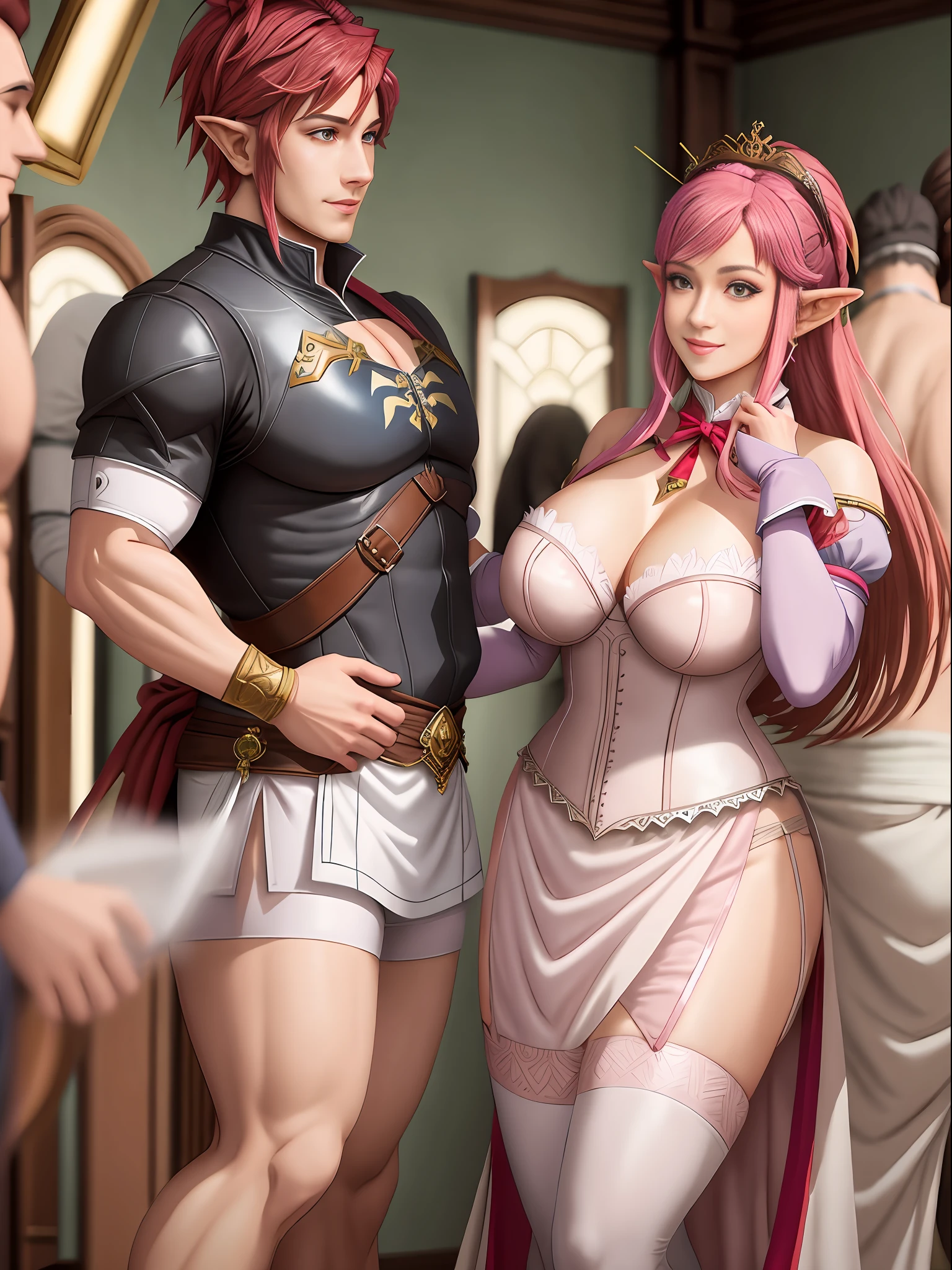 Full body image, ((Princess Zelda in maid outfit and several men around her)) within one meter, Anime style, Mortal Kombat, maximum quality, maximum resolution, maximum sharpness. She has huge breasts, red hair, light brown eyes, her outfit is a black shirt with a white shot and a white corset. They are groping her in different ways. She is happy with a beautiful smile.