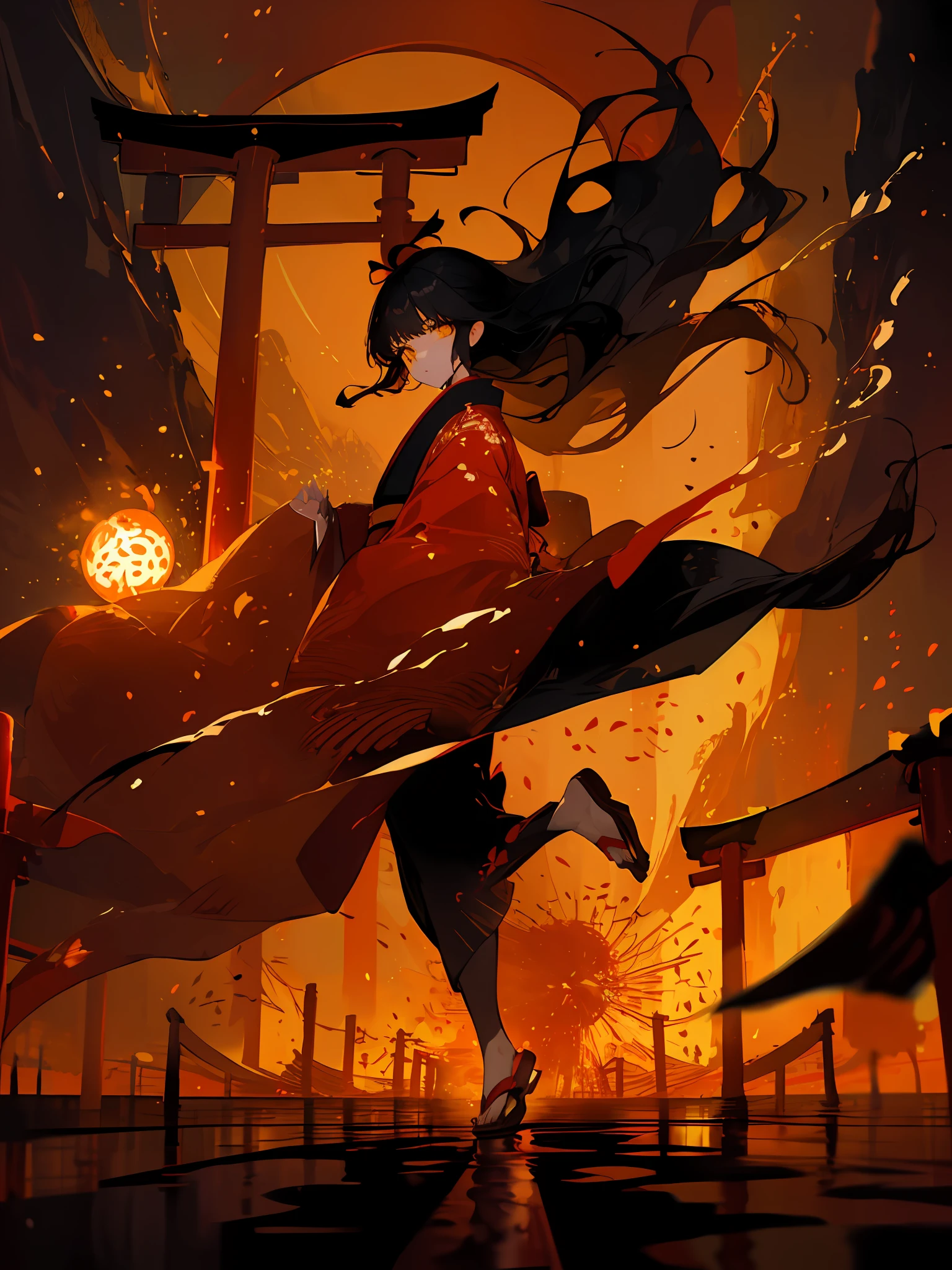 masterpiece, best quality, ultra-detailed, absurdres, 1girl, yellow eyes, black hair, long hair, floating hair, detailed eyes, wide-eyed, eyelashes, looking at viewer, full body, torii, red theme, kimono, walking, particles, kanji