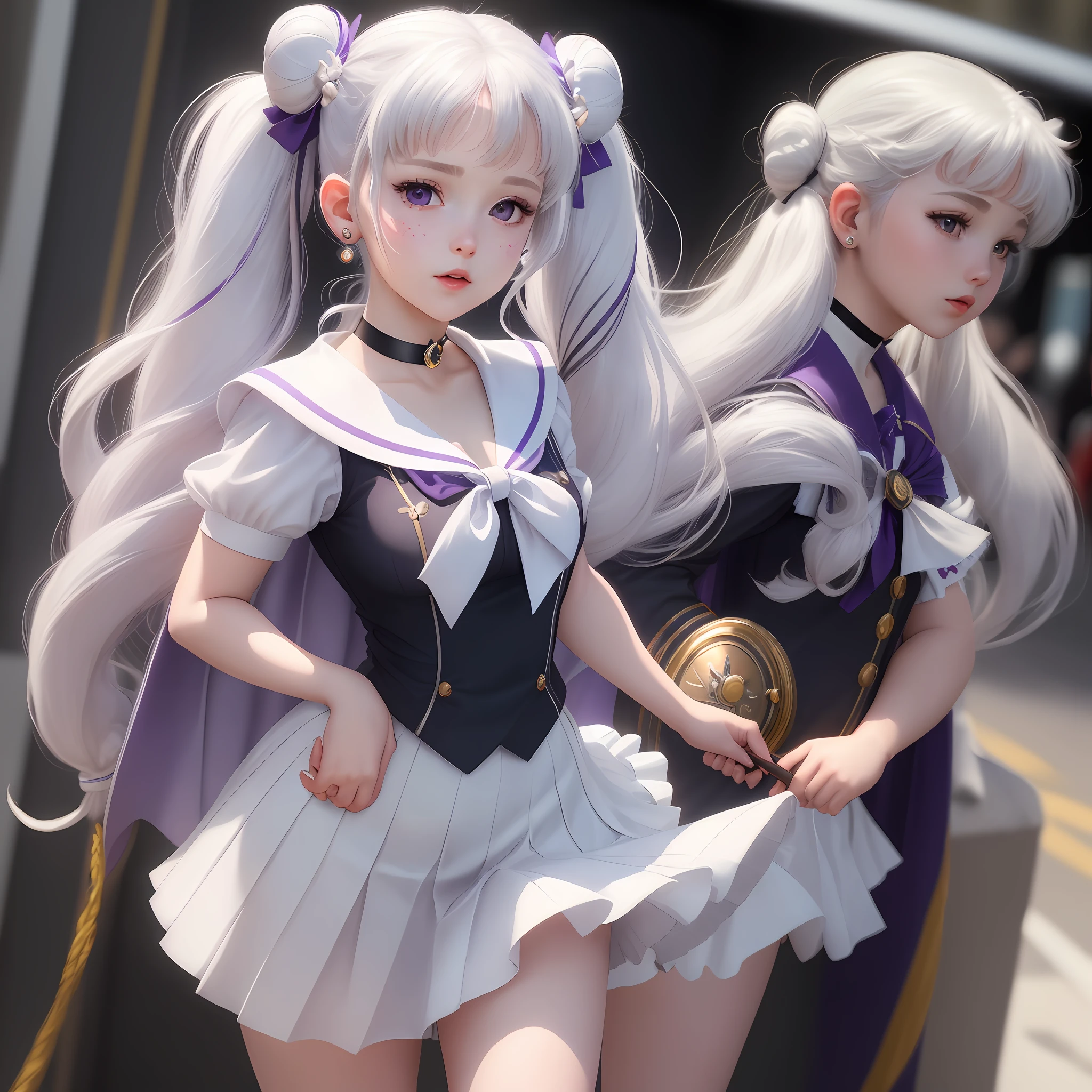 photorealistic, (hyperrealistic:1.2), (extremely detailed CG unity 8k wallpaper), (super detailed), mastery, best quality, 1girl, sailor cosmos, standing, cowboy shot, solo, long hair, skirt, hair ornament, twintails, accessories, Purple pupils, white hair, pleated skirt, earrings, choker, sailor collar, bun, cape, character name, bun, face print, white skirt, brooch, white sailor collar, hairpin, forehead mark, white choker, sailor senshi uniform, cane