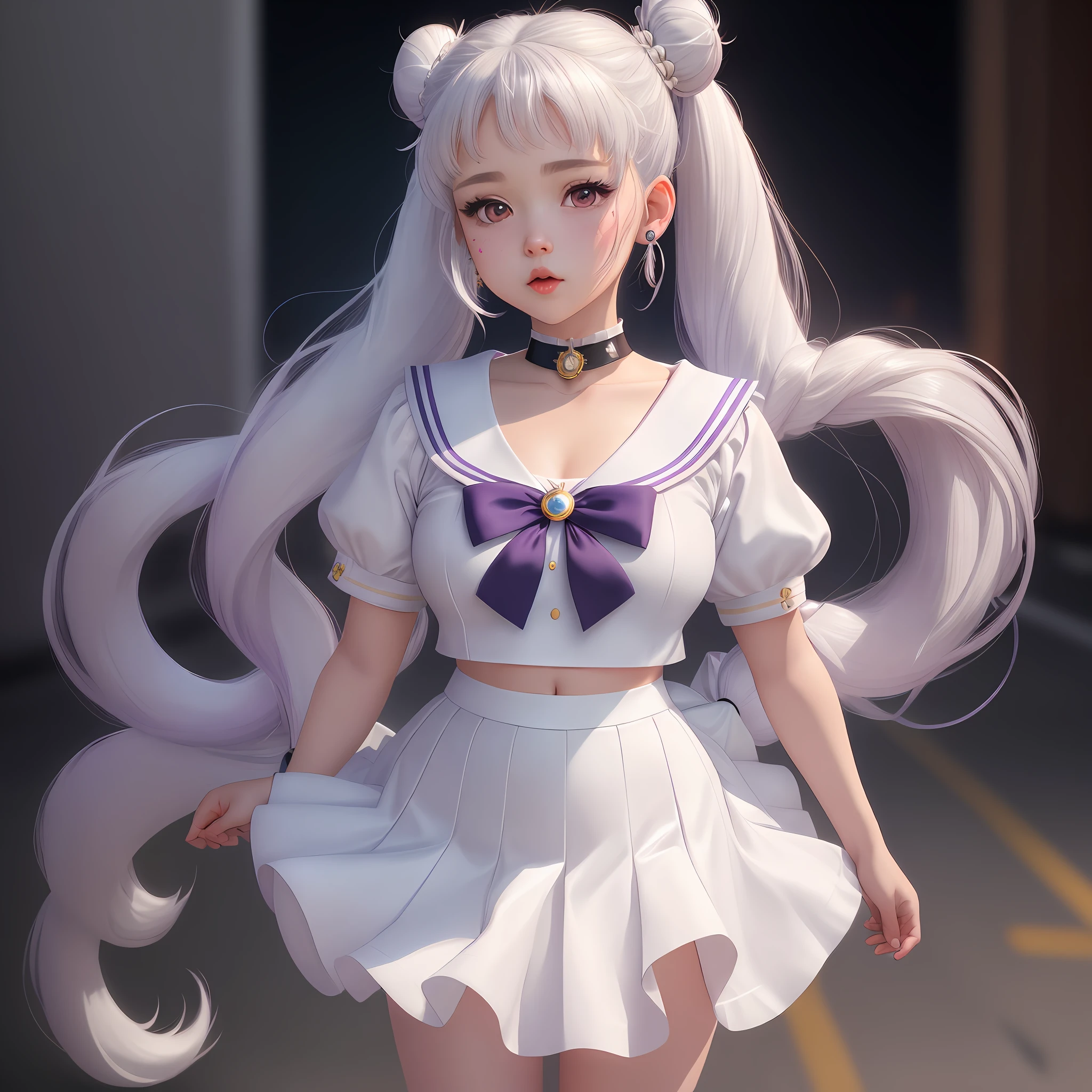 photorealistic, (hyperrealistic:1.2), (extremely detailed CG unity 8k wallpaper), (super detailed), mastery, best quality, 1girl, sailor cosmos, standing, cowboy shot, solo, long hair, skirt, hair ornament, twintails, accessories, Purple pupils, white hair, pleated skirt, earrings, choker, sailor collar, bun, cape, character name, bun, face print, white skirt, brooch, white sailor collar, hairpin, forehead mark, white choker, sailor senshi uniform, cane