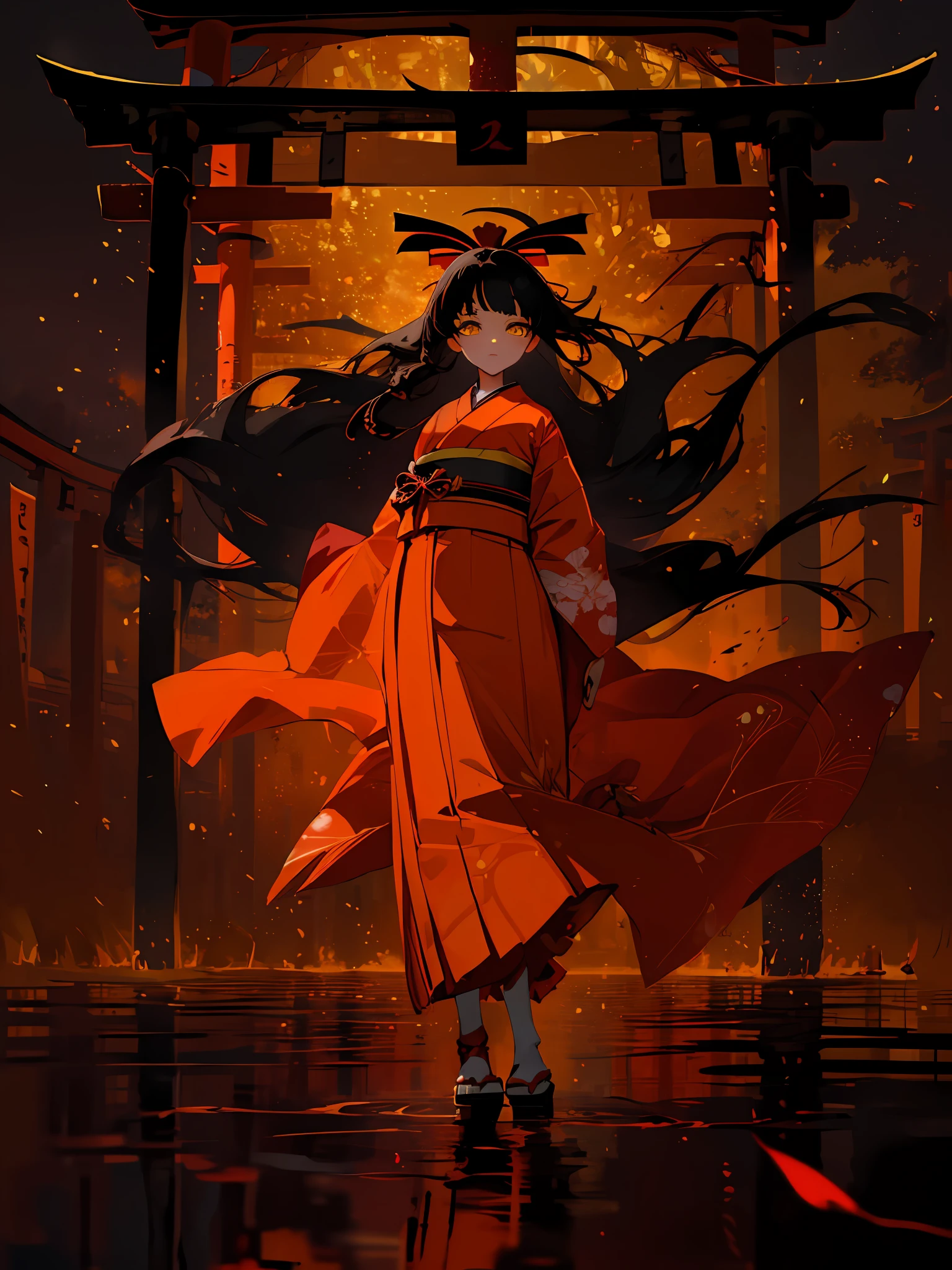 masterpiece, best quality, ultra-detailed, absurdres, 1girl, yellow eyes, black hair, long hair, floating hair, detailed eyes, wide-eyed, eyelashes, looking at viewer, full body, torii, red theme, kimono, walking, particles, kanji
