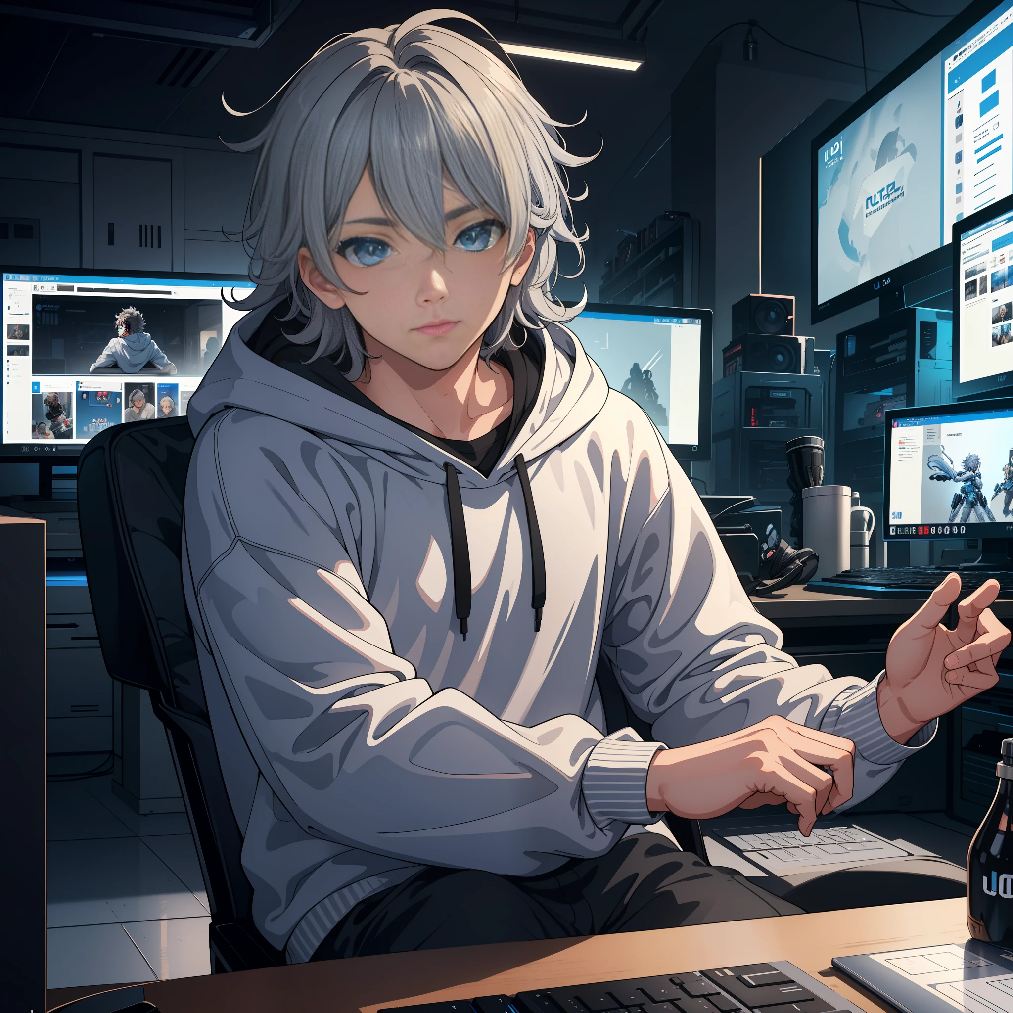 (Best quality: 1.0), (Ultra High Resolution: 1.0), 8K, a man, blue eyes, gray sweatshirt, messy hair, sitting in front of a computer, playing games, background esports room,