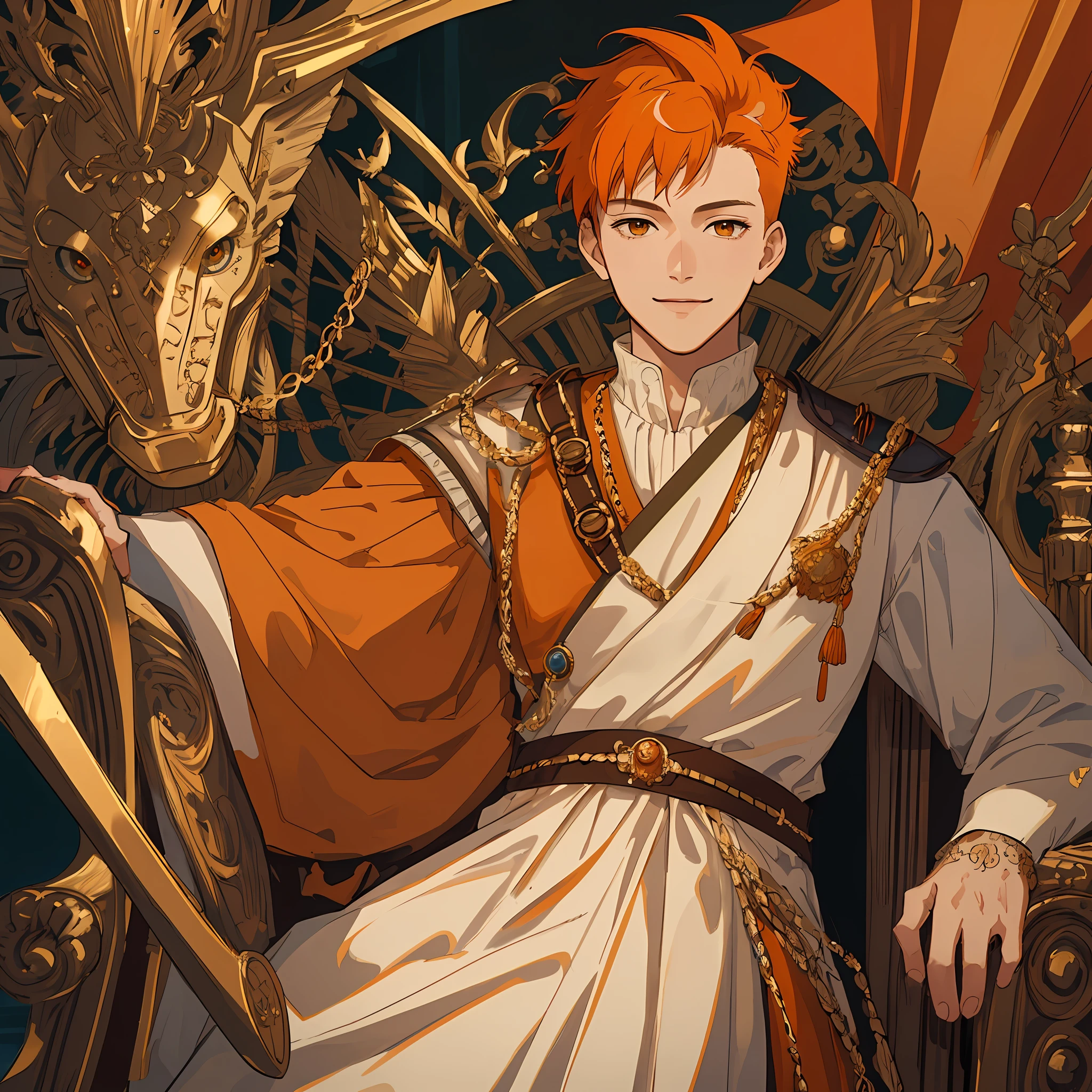 masterpiece, top quality, 1 man, orange mowhawk hair, romantic, fine eye details, intricate details, (style-pixiv:0.8), portrait, (royal chair:0.7), solo, full body shot, background detail, (royal flag: 1.1) smile, dynamic pose, royal, warrior iron armor, medieval, kingdom in background
